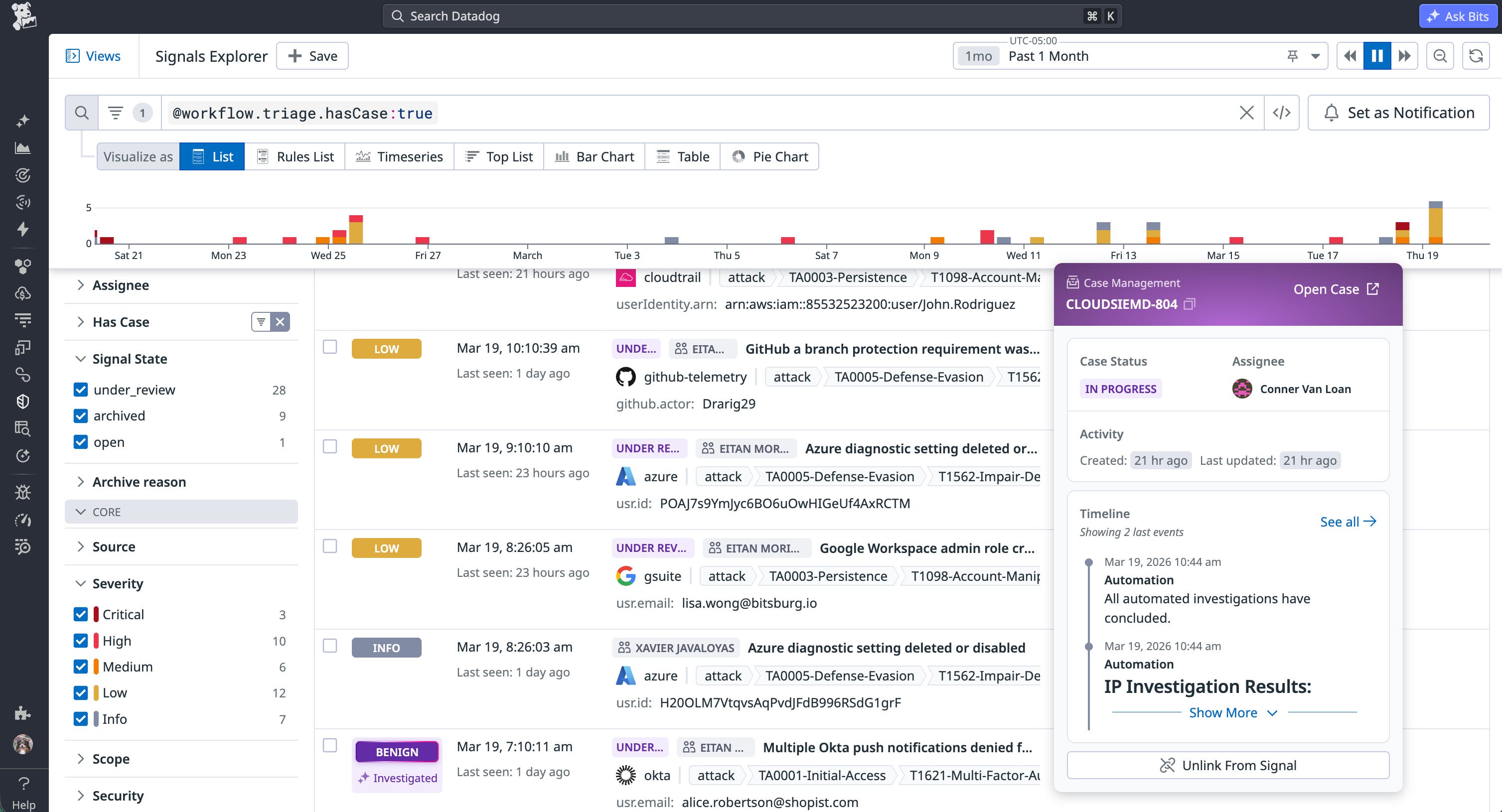 Cloud SIEM signal list showing a linked case Cloud SIEM signal list showing a linked case
