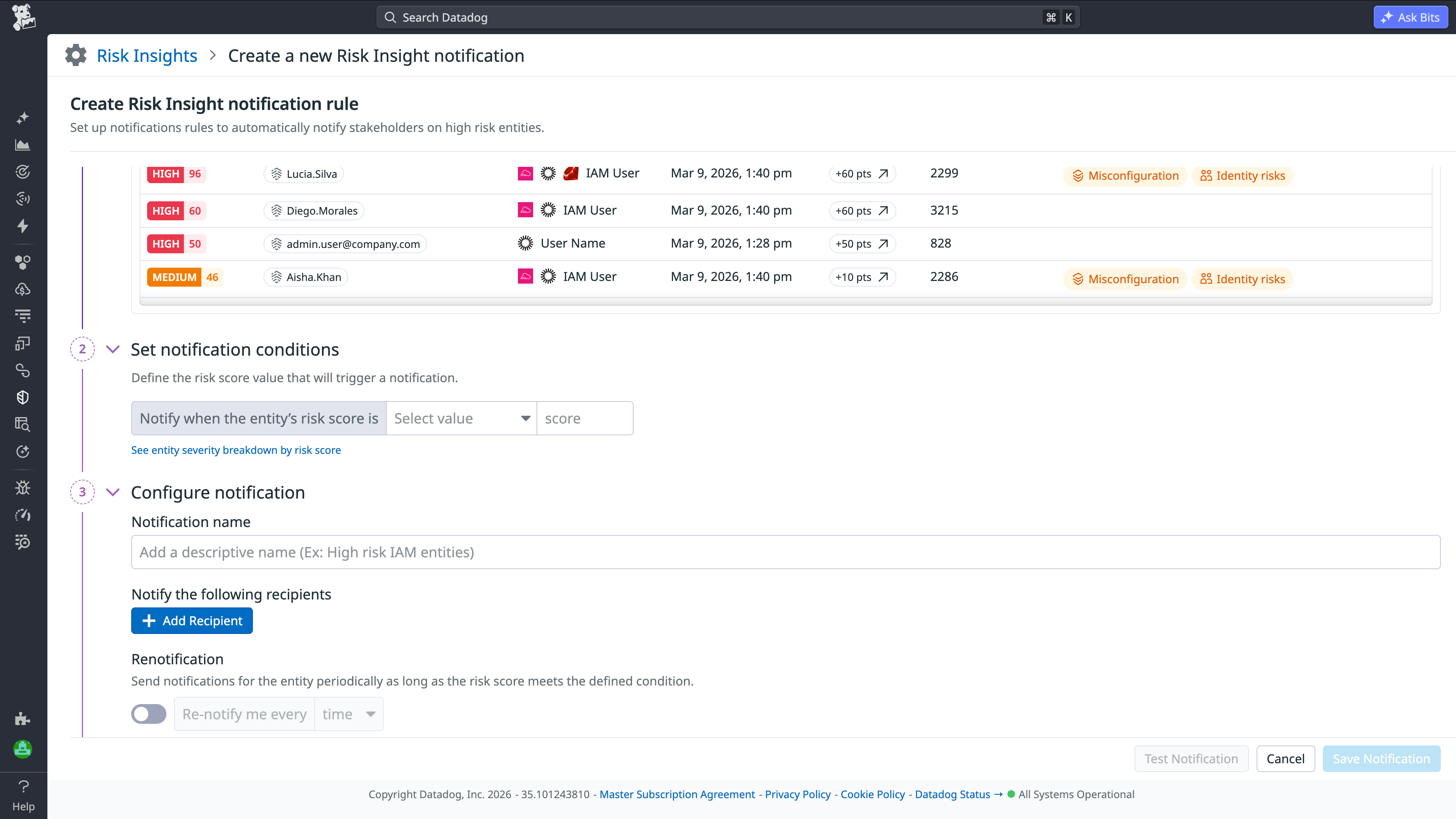 Configuration page for Risk Insights Notifications