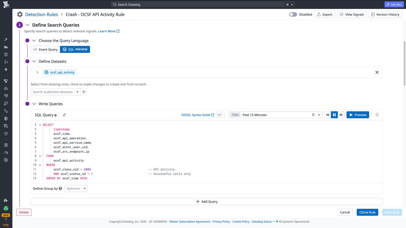 New SQL-based detection rule using OCSF data New SQL-based detection rule using OCSF data