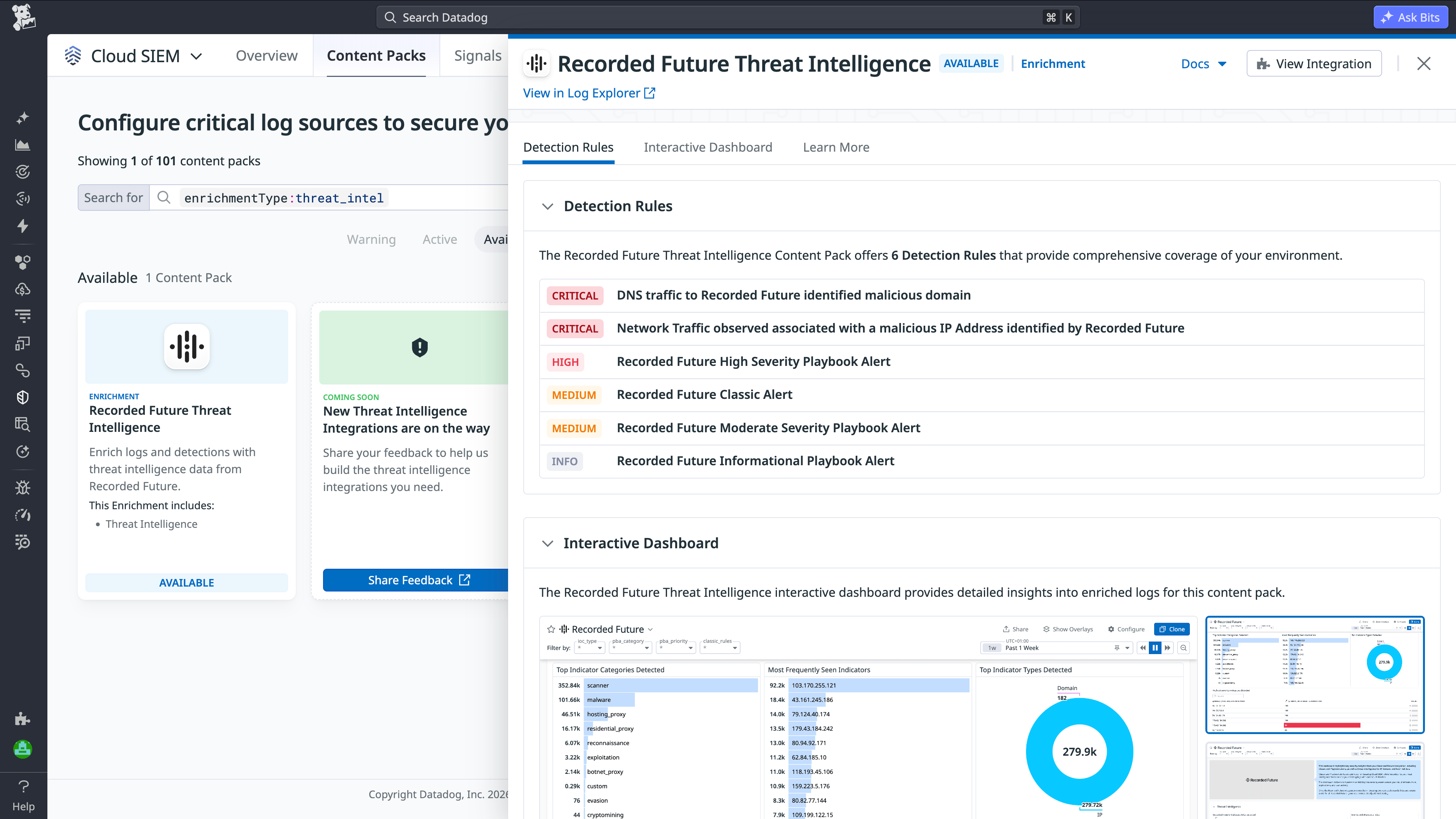 Recorded Future content pack panel showing available detection rules