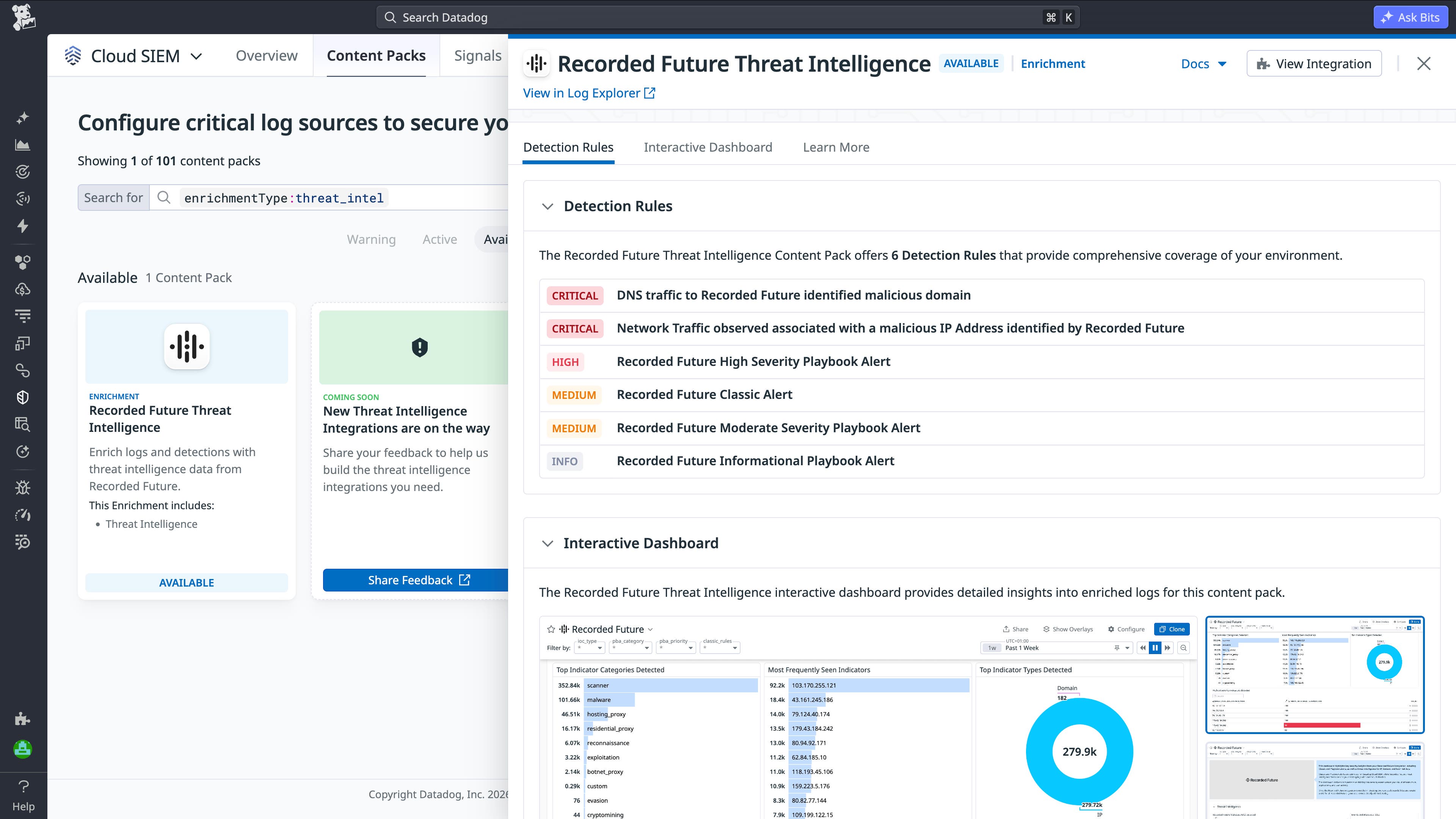 Recorded Future content pack panel showing available detection rules Recorded Future content pack panel showing available detection rules