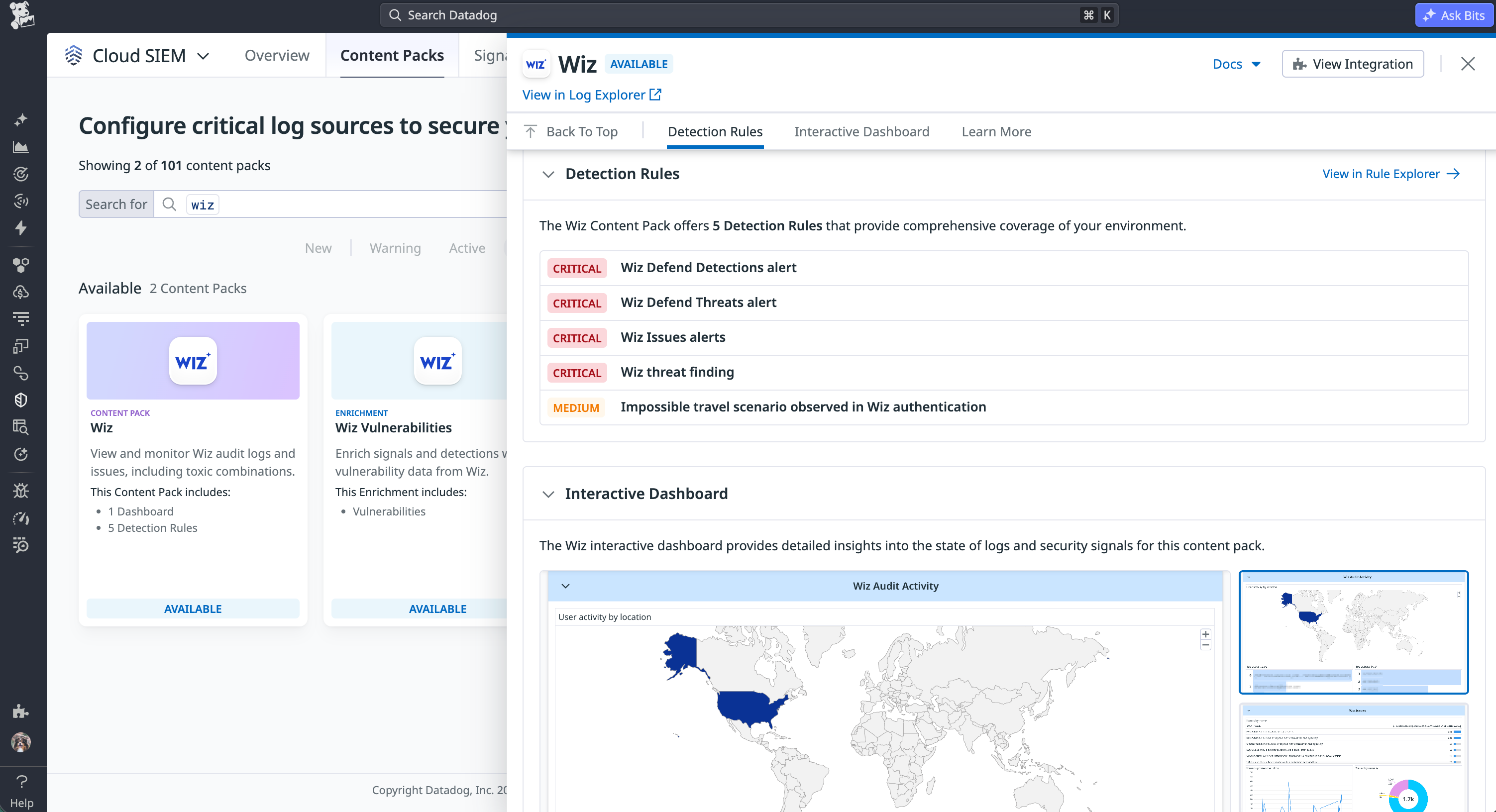 Wix Content Pack side panel showing available detection rules and an interactive dashboard