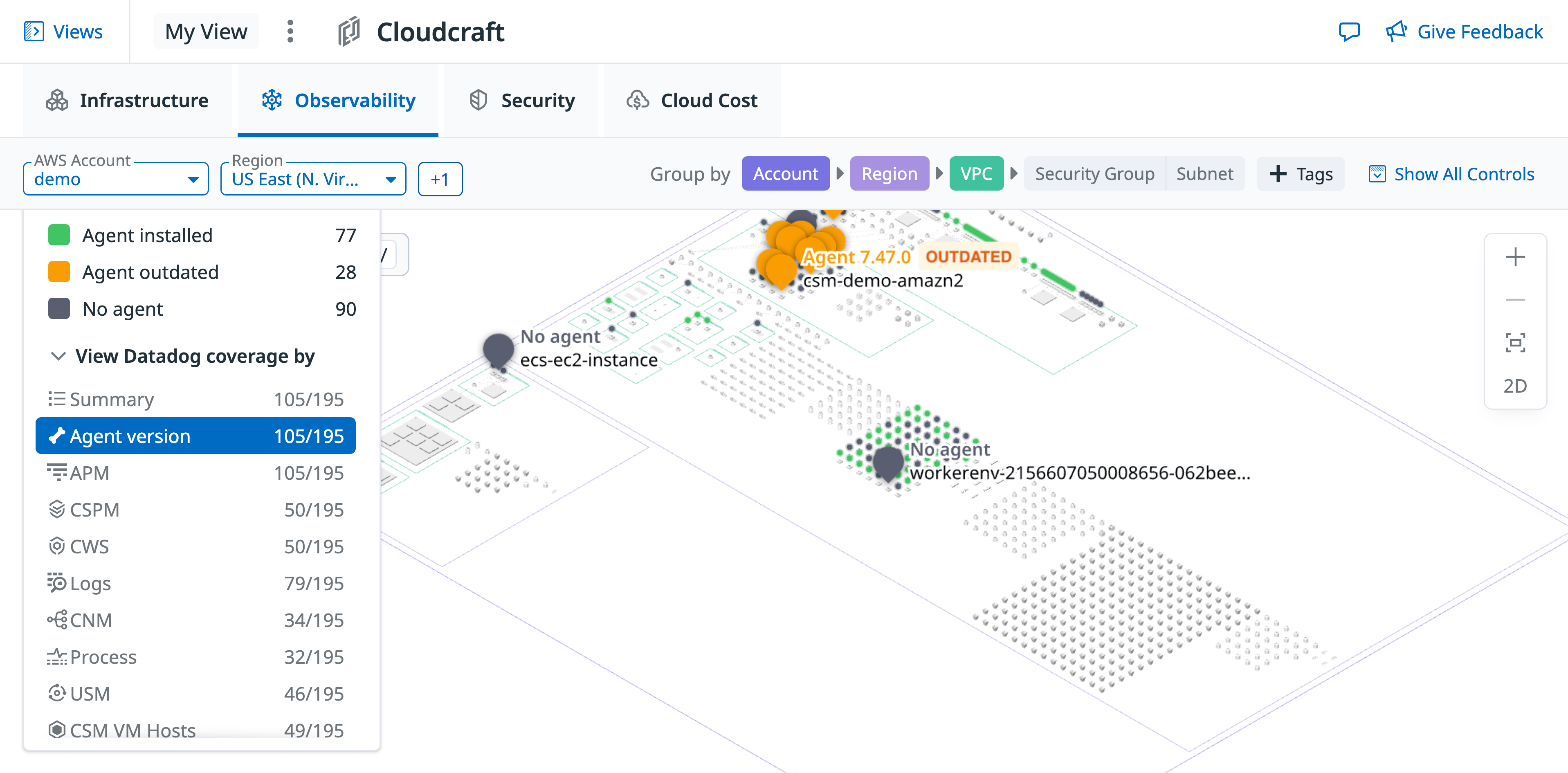 Cloudcraft Observability overlay showing agent coverage across AWS hosts, with pins marking installed, outdated, and missing Datadog Agents.