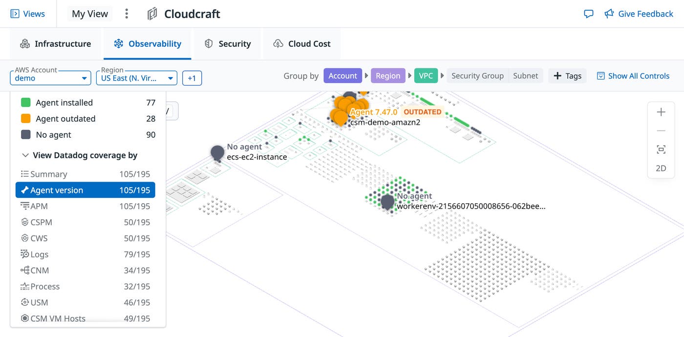 Cloudcraft Observability overlay showing agent coverage across AWS hosts, with pins marking installed, outdated, and missing Datadog Agents. Cloudcraft Observability overlay showing agent coverage across AWS hosts, with pins marking installed, outdated, and missing Datadog Agents.
