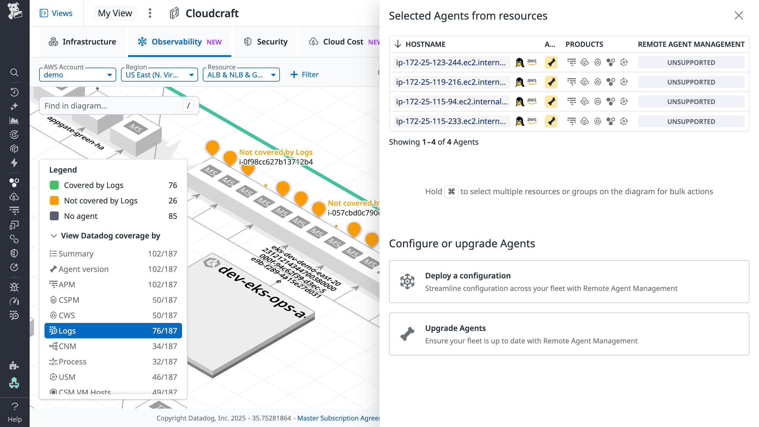 Cloudcraft view highlighting hosts not covered by Datadog Log Management with orange pins, alongside a side panel allowing you to update the configuration.