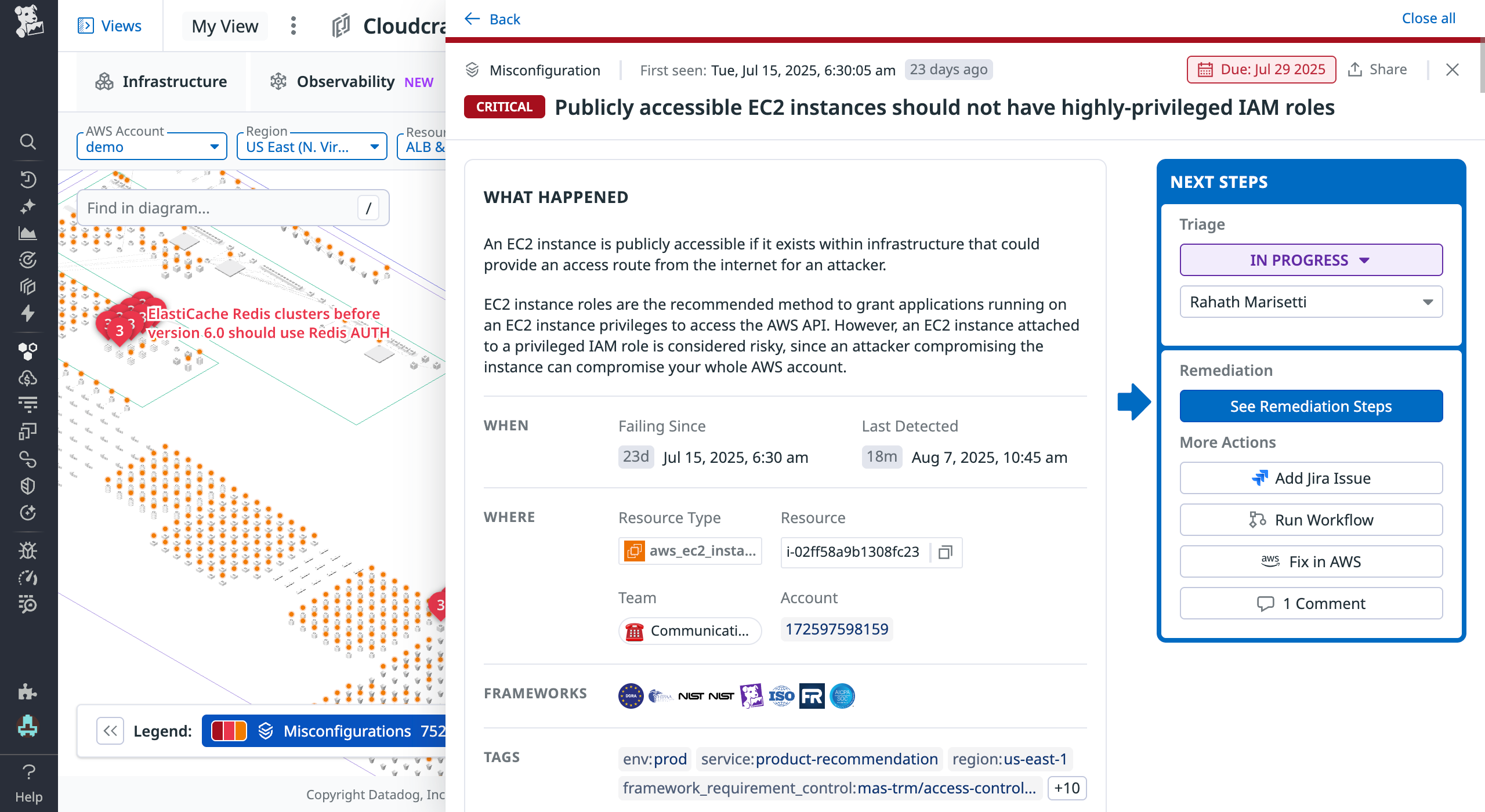 View of misconfigurations on Cloudcraft infrastructure diagram