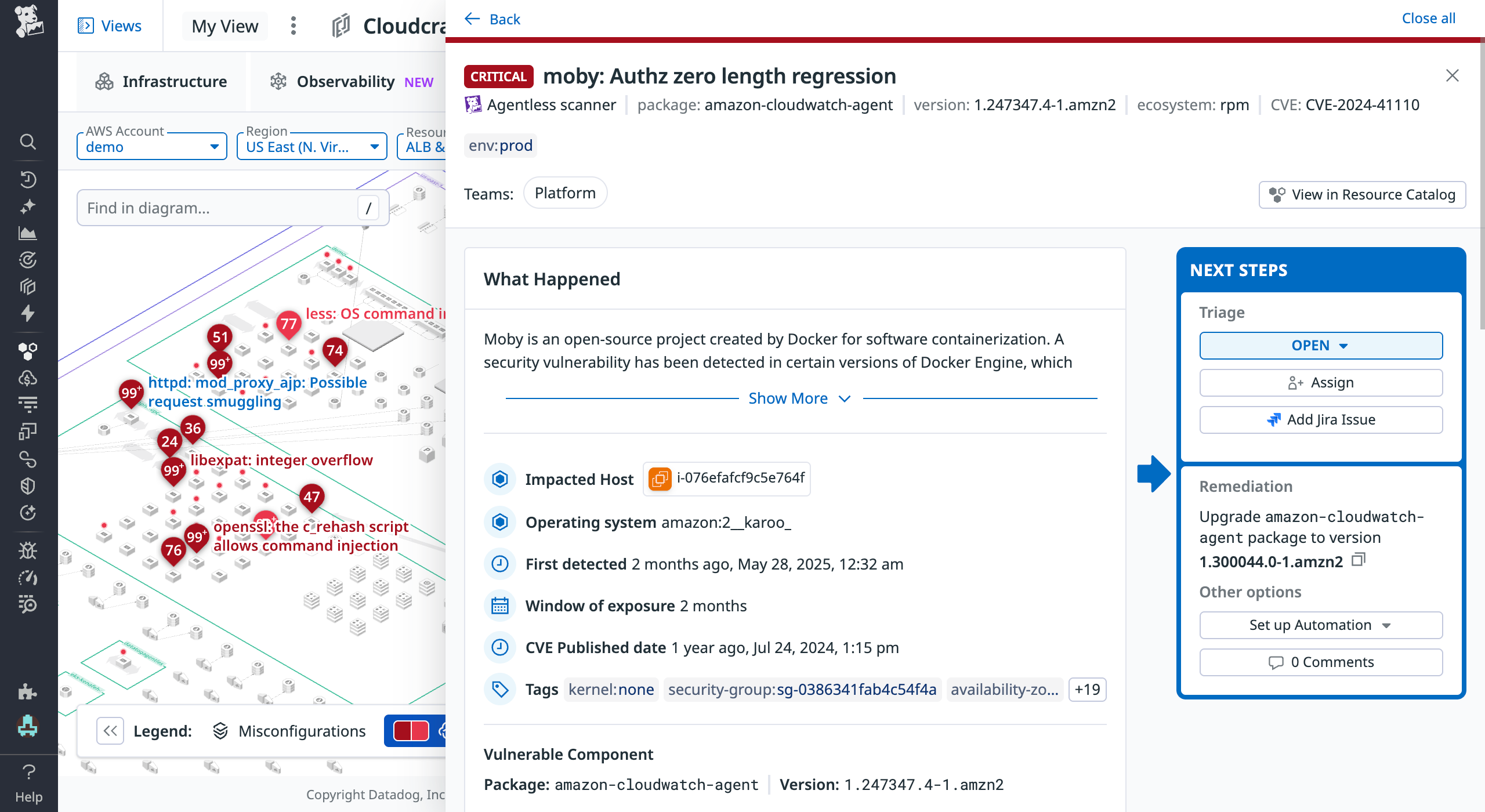 Vulnerability findings in Cloudcraft with detailed sidepanel of critical vulnerability