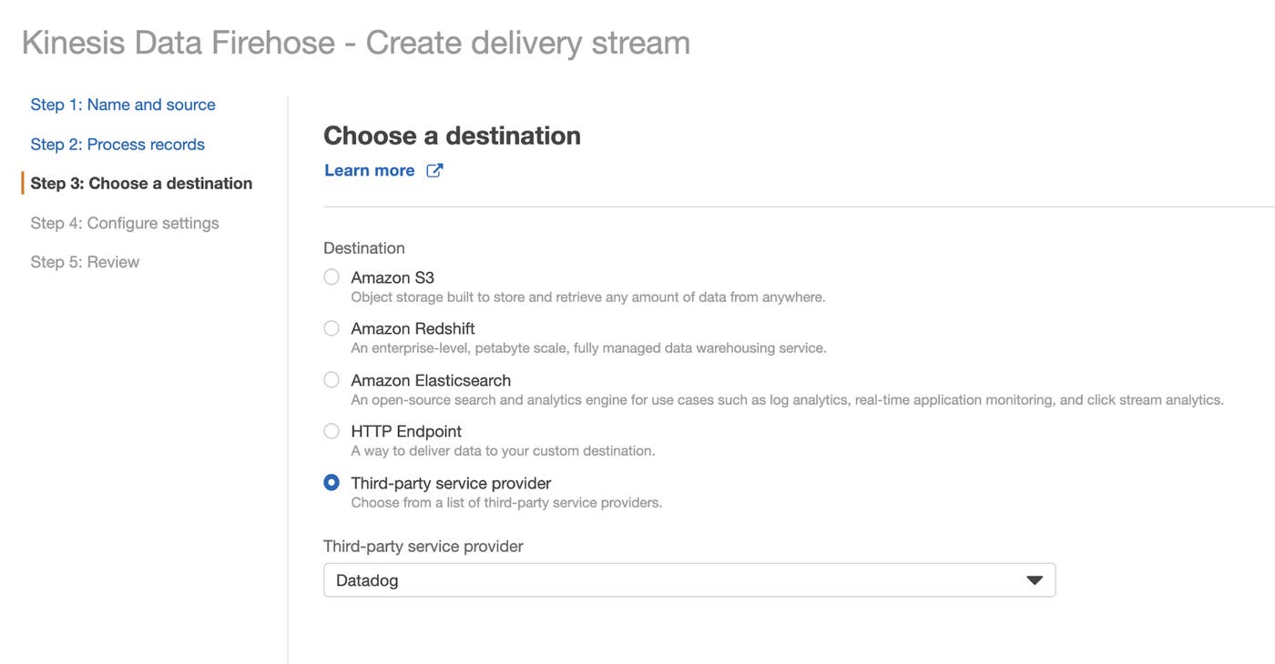 Part of the Kinesis delivery stream web page shows a control that names Datadog as the delivery stream's destination. Part of the Kinesis delivery stream web page shows a control that names Datadog as the delivery stream's destination.