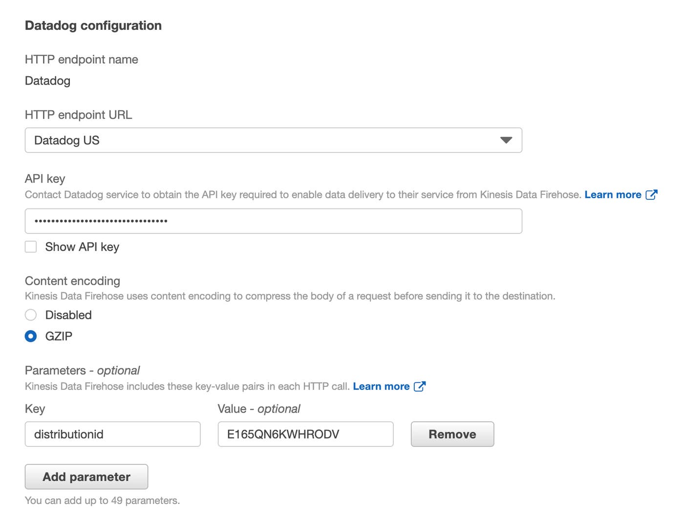 Part of the Kinesis delivery stream web page shows a form field for a parameter key and an optional form field for its value. Part of the Kinesis delivery stream web page shows a form field for a parameter key and an optional form field for its value.