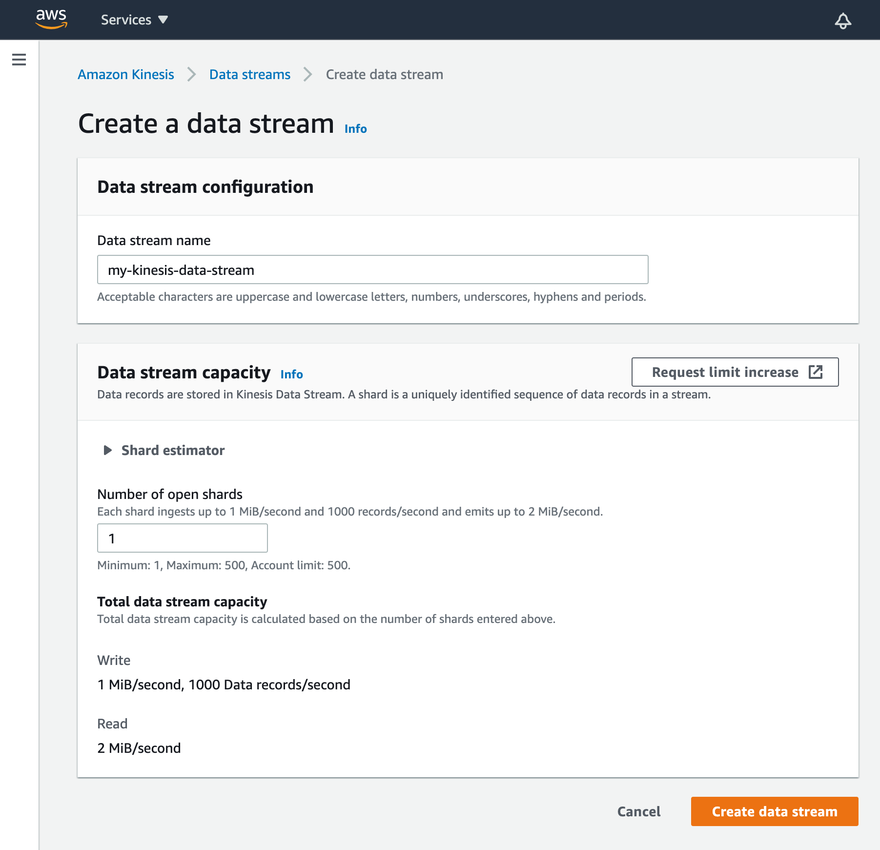 In the web form for creating a Kinesis Data Stream, we've created a stream named my-cloudfront-log-stream that uses only one shard.