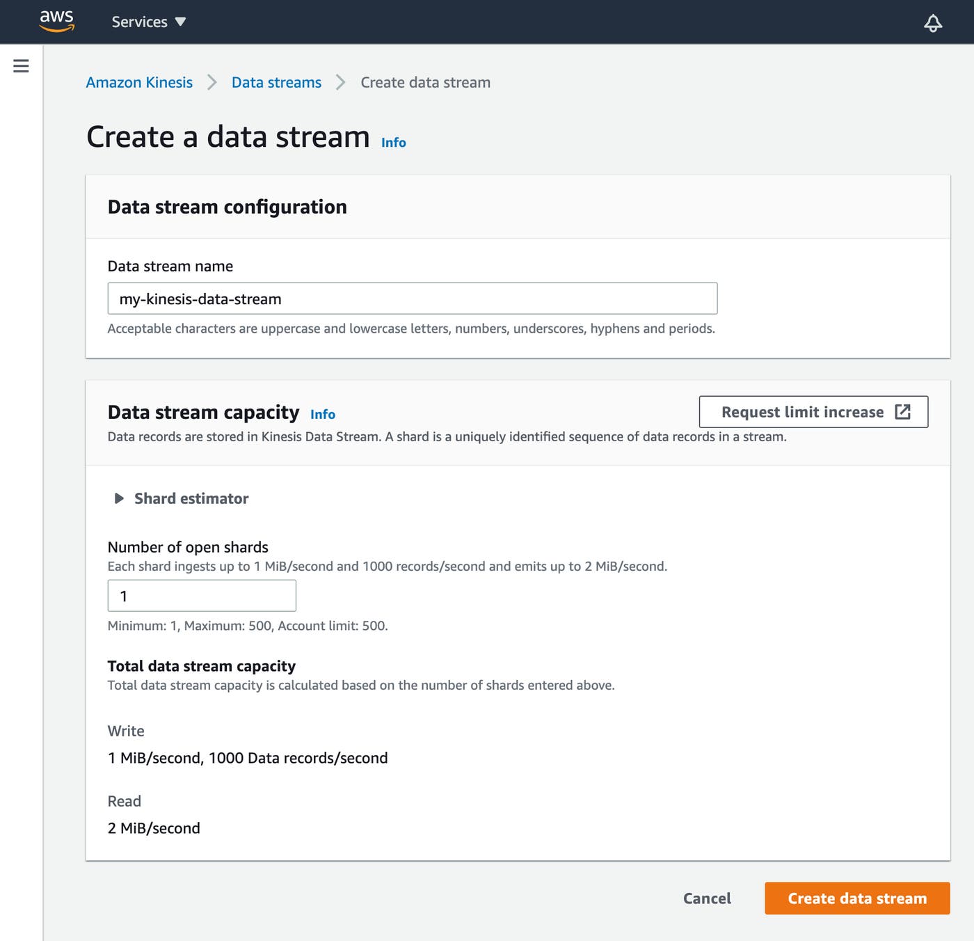 In the web form for creating a Kinesis Data Stream, we've created a stream named my-cloudfront-log-stream that uses only one shard. In the web form for creating a Kinesis Data Stream, we've created a stream named my-cloudfront-log-stream that uses only one shard.