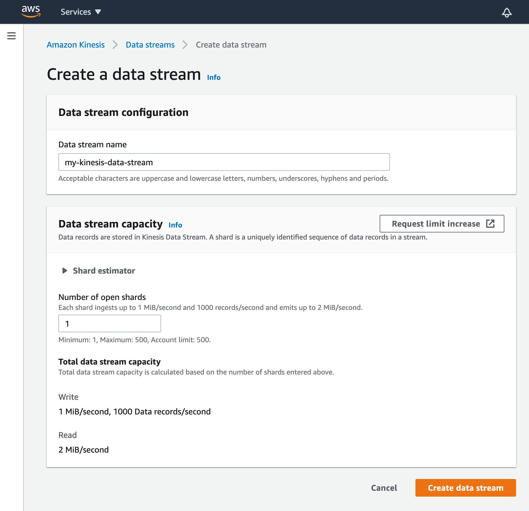 In the web form for creating a Kinesis Data Stream, we've created a stream named my-cloudfront-log-stream that uses only one shard. In the web form for creating a Kinesis Data Stream, we've created a stream named my-cloudfront-log-stream that uses only one shard.