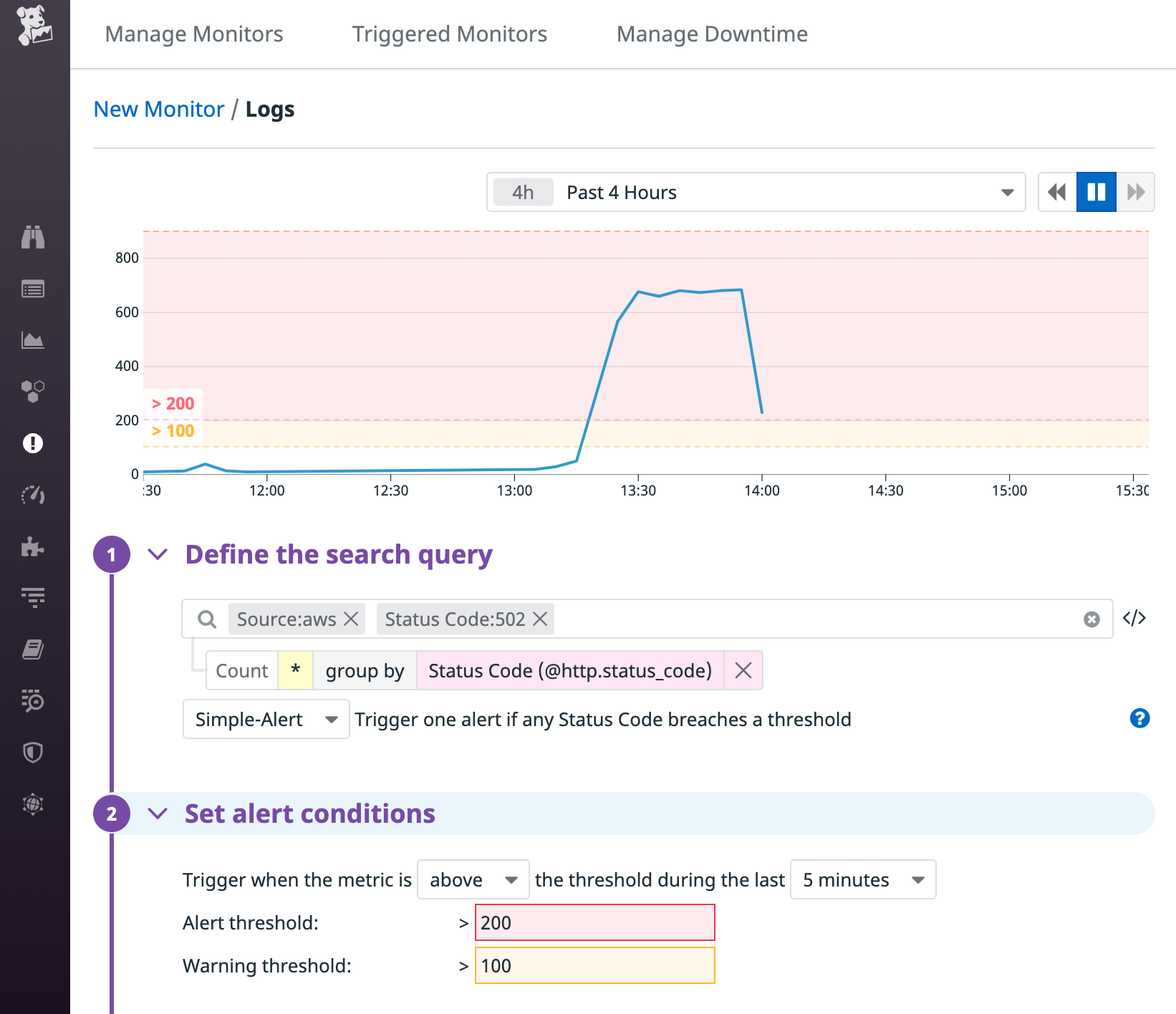 A screenshot shows the page you use to create a new log monitor. This monitor watches the rate of 502 errors in logs whose source value is AWS, and alerts if the rate surpasses 200 over five minutes.
