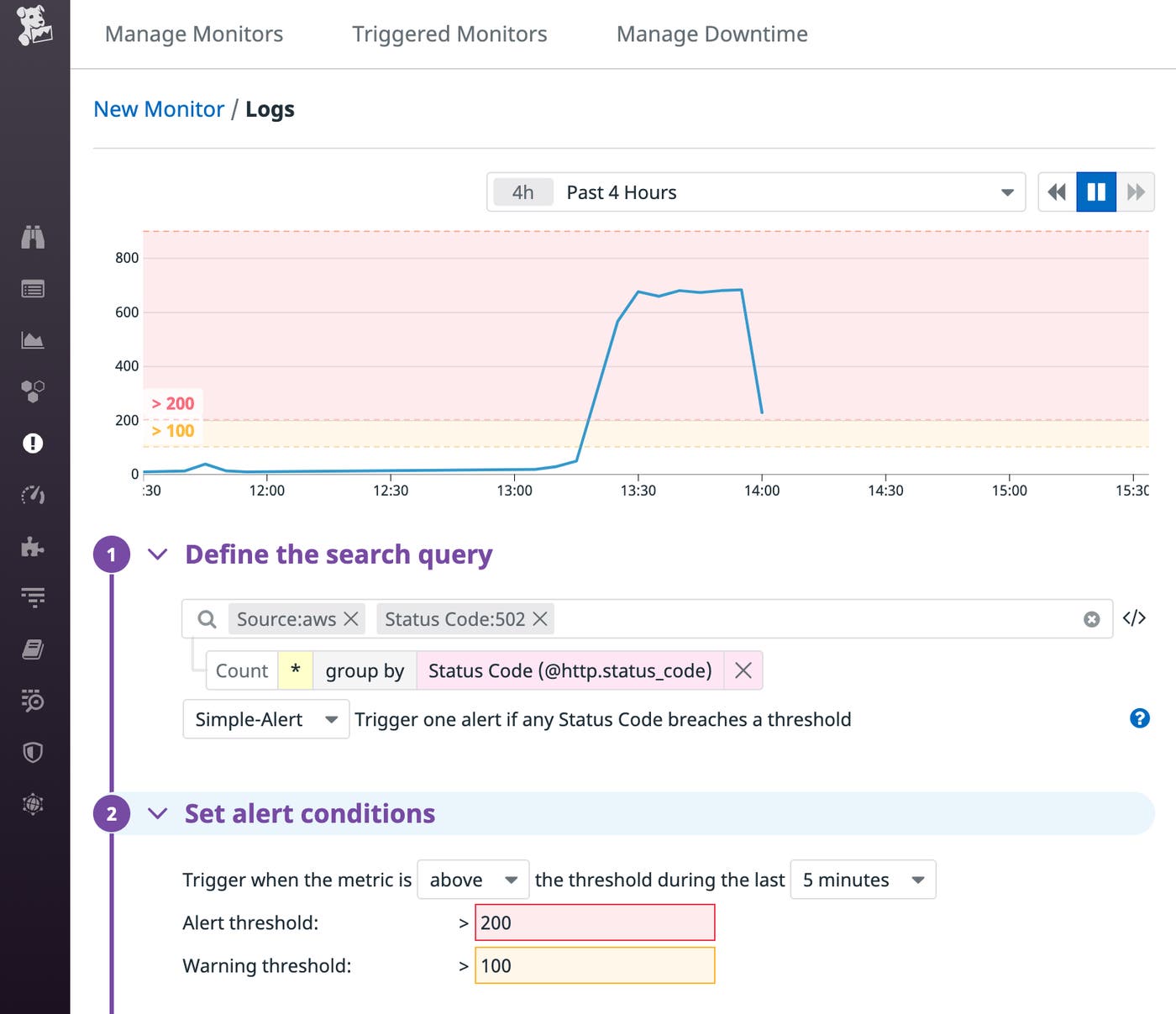 A screenshot shows the page you use to create a new log monitor. This monitor watches the rate of 502 errors in logs whose source value is AWS, and alerts if the rate surpasses 200 over five minutes. A screenshot shows the page you use to create a new log monitor. This monitor watches the rate of 502 errors in logs whose source value is AWS, and alerts if the rate surpasses 200 over five minutes.