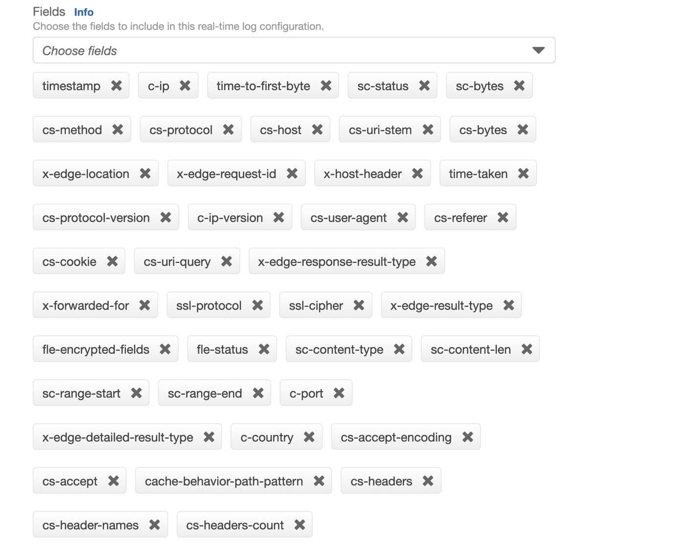 The default list of fields shows all 40 fields by default, each with an X you can click to remove it from the log. The default list of fields shows all 40 fields by default, each with an X you can click to remove it from the log.