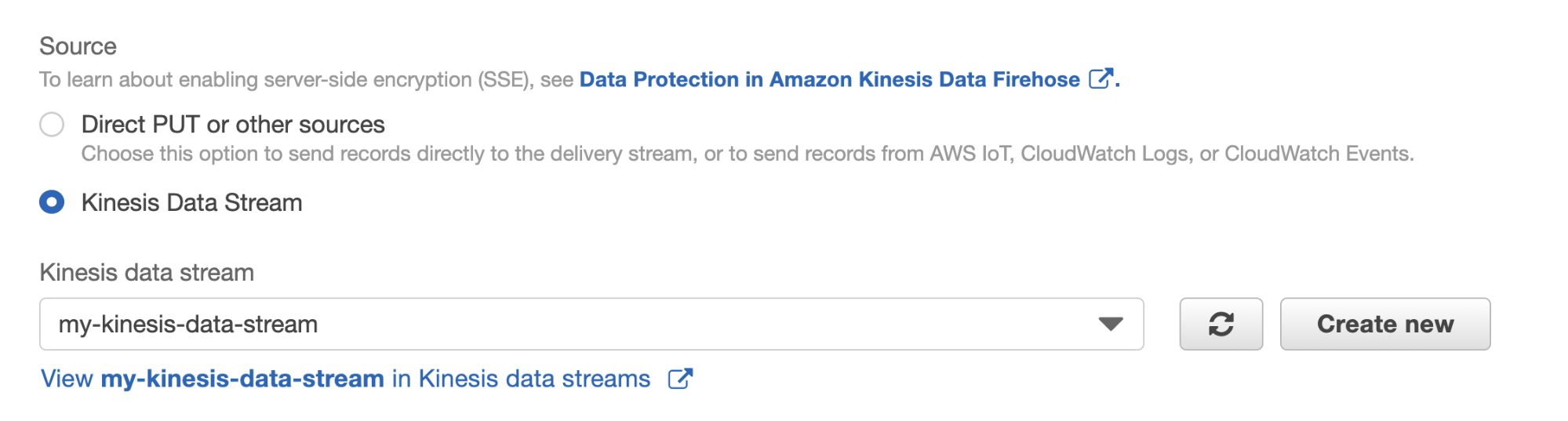 Part of the Kinesis delivery stream web page shows a control that specifies the Kinesis data stream to use as a data source.