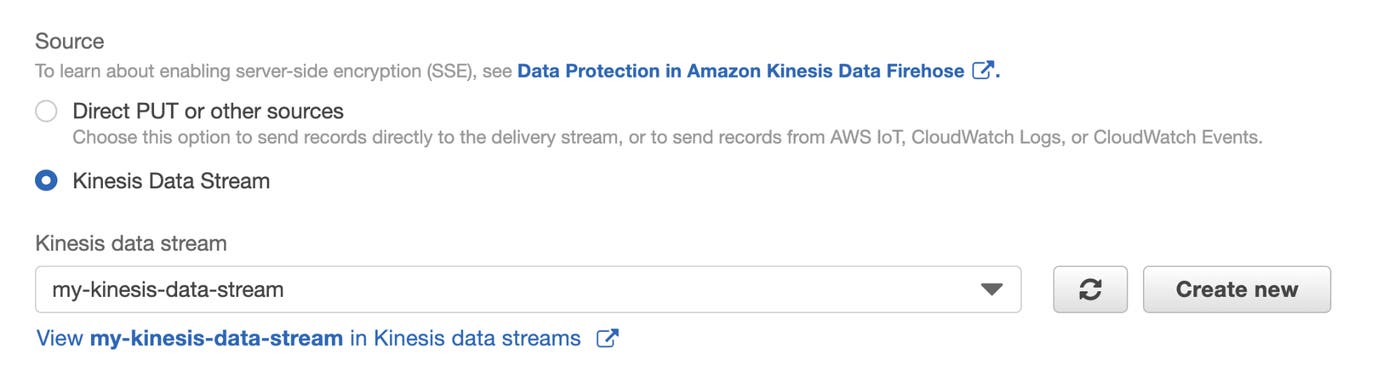 Part of the Kinesis delivery stream web page shows a control that specifies the Kinesis data stream to use as a data source. Part of the Kinesis delivery stream web page shows a control that specifies the Kinesis data stream to use as a data source.