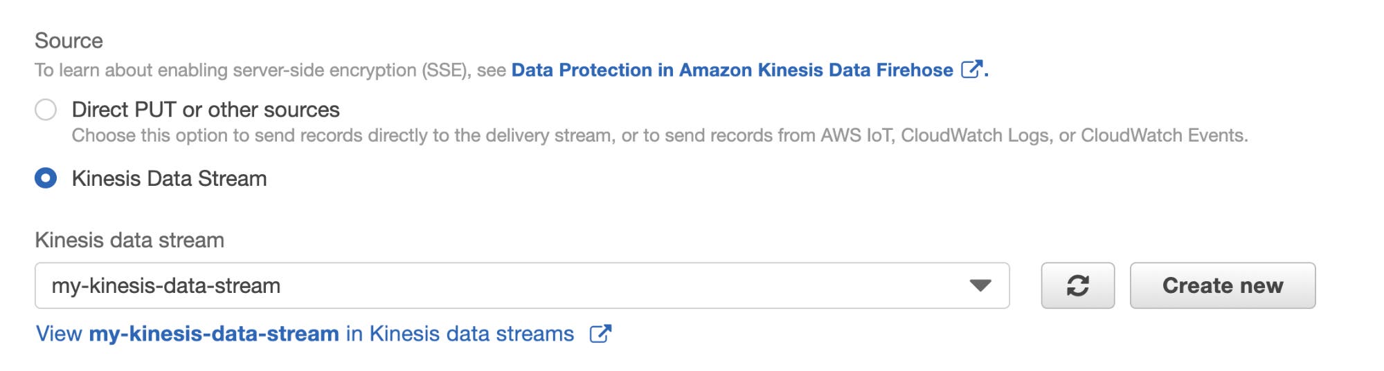 Part of the Kinesis delivery stream web page shows a control that specifies the Kinesis data stream to use as a data source. Part of the Kinesis delivery stream web page shows a control that specifies the Kinesis data stream to use as a data source.