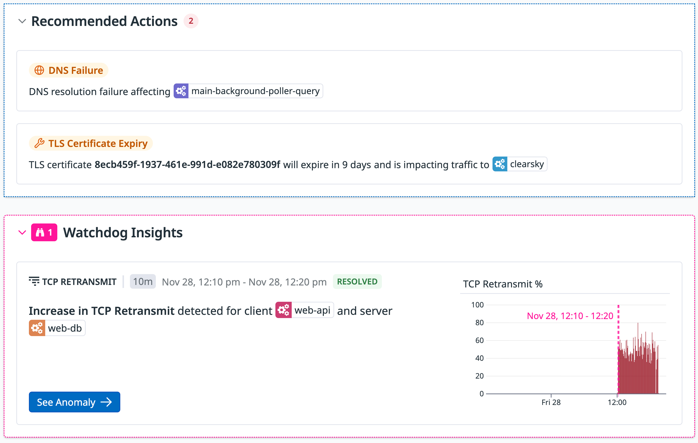 CNM Network Health overview showing recommended actions and Watchdog insight for TCP retransmit.