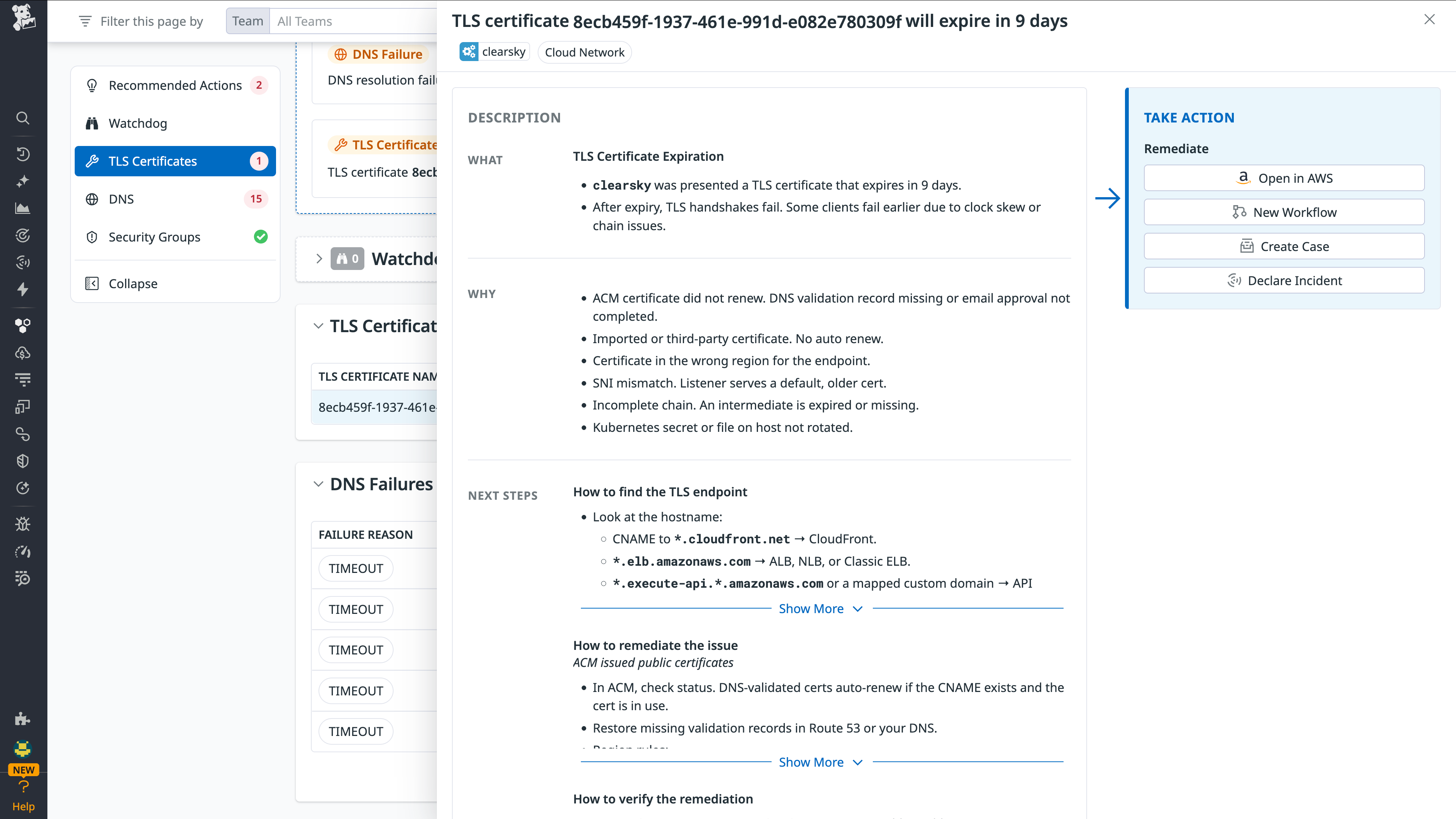 Network Health TLS certificate expiration issue details with remediation buttons.