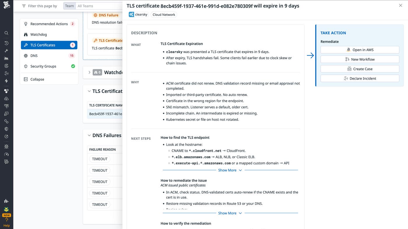 Network Health TLS certificate expiration issue details with remediation buttons. Network Health TLS certificate expiration issue details with remediation buttons.