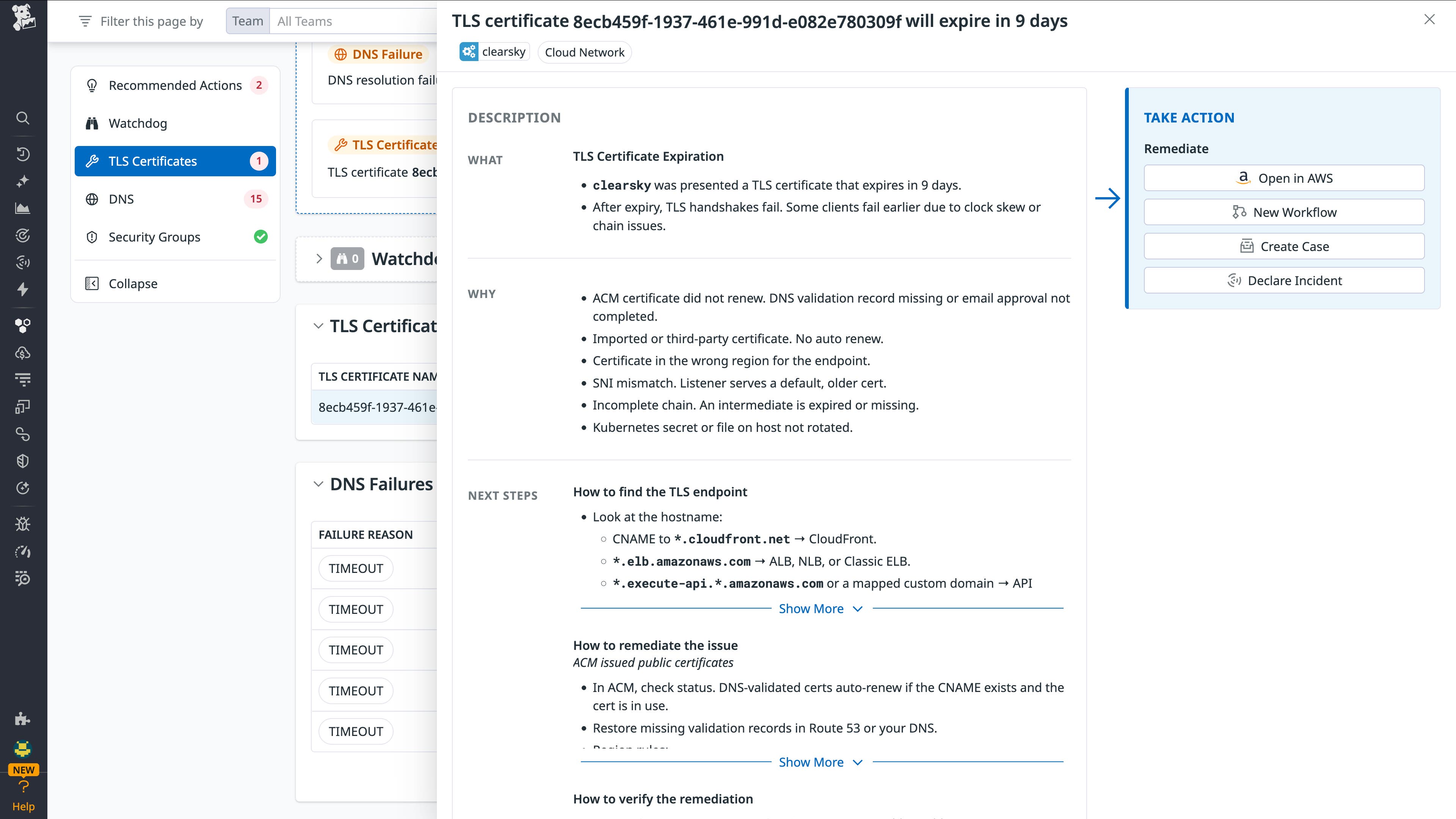 Network Health TLS certificate expiration issue details with remediation buttons. Network Health TLS certificate expiration issue details with remediation buttons.