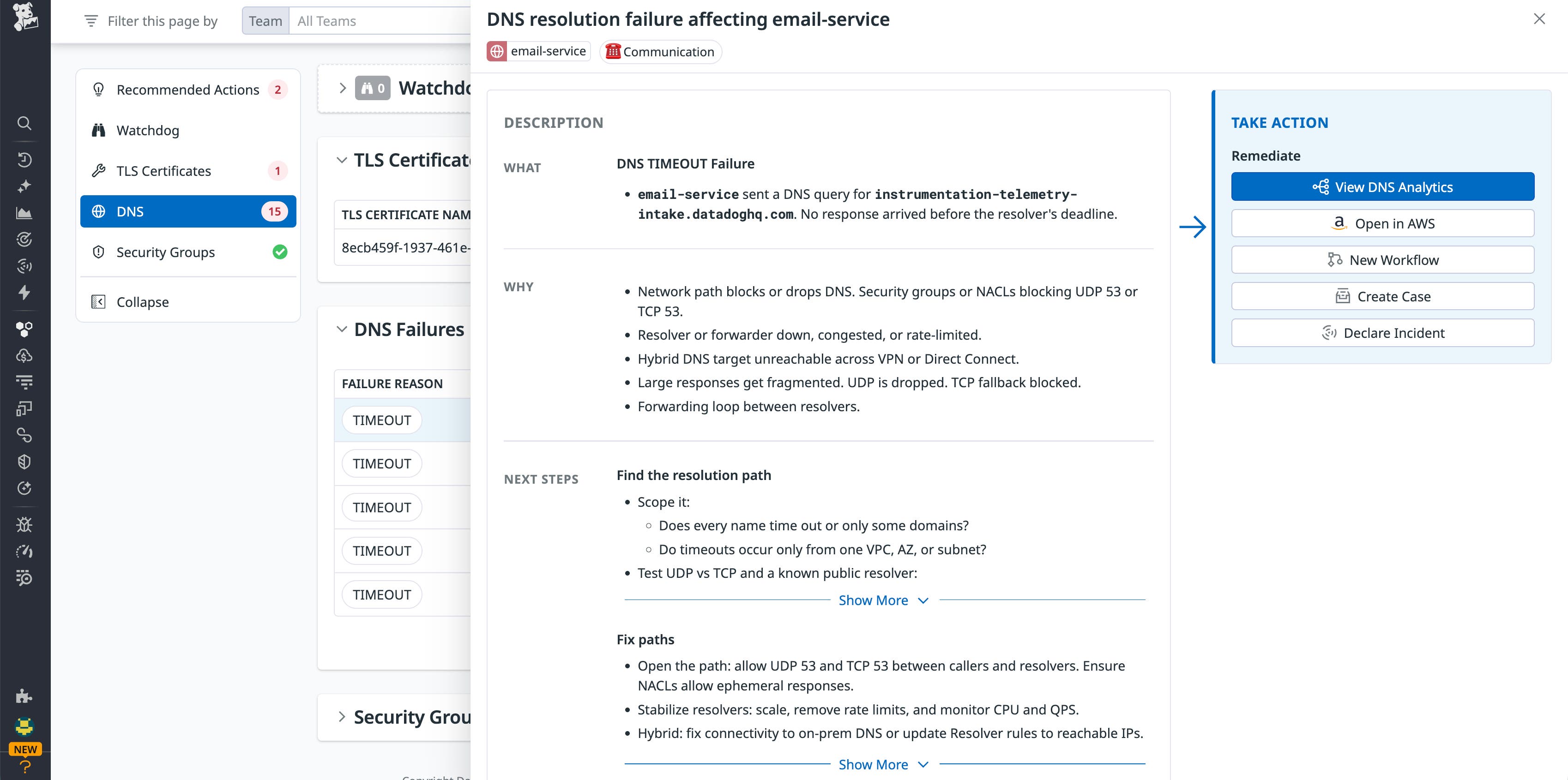 Network Health DNS timeout issue details for email-service with guided remediation actions. Network Health DNS timeout issue details for email-service with guided remediation actions.