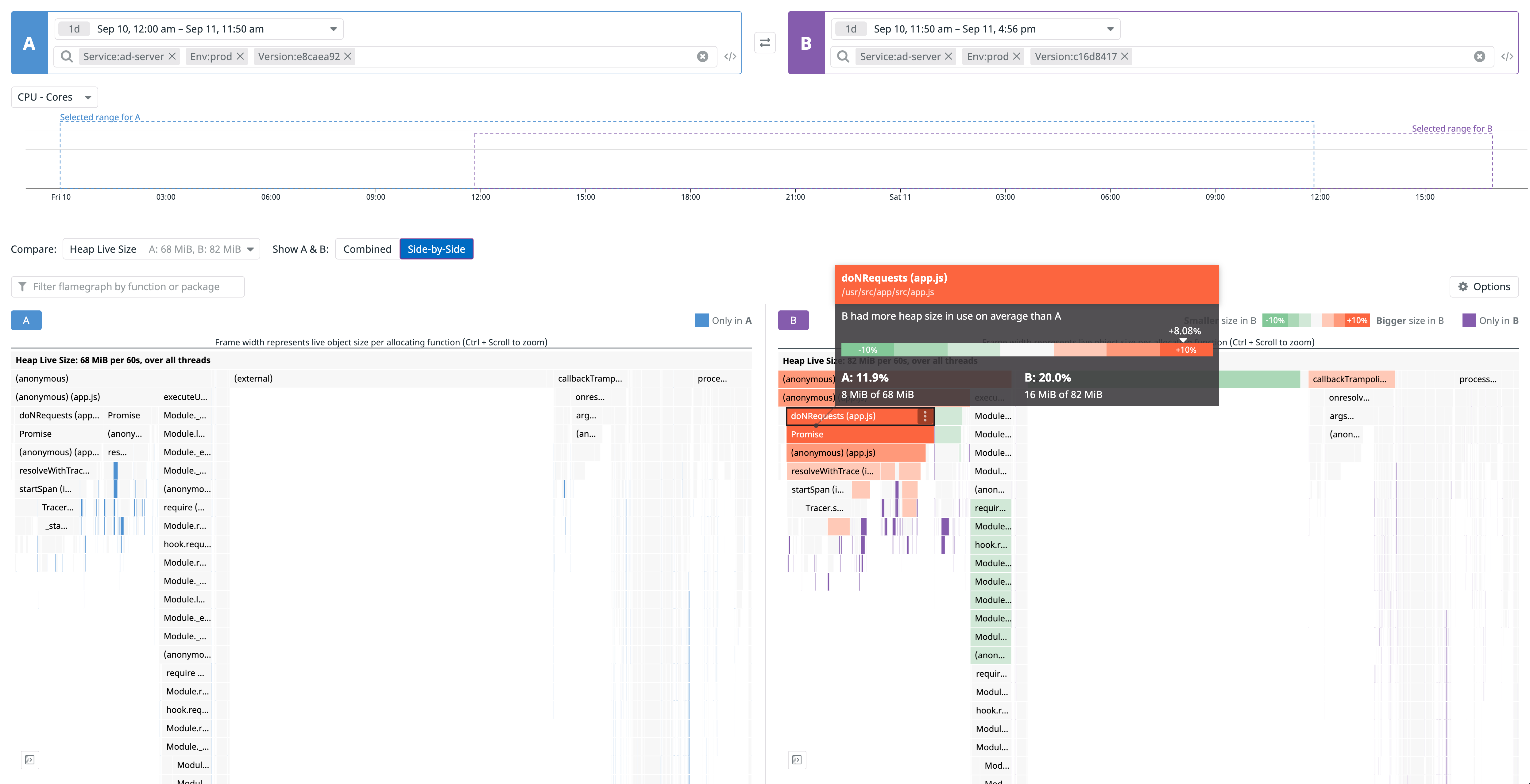 Use profile comparison to compare heap memory for a service