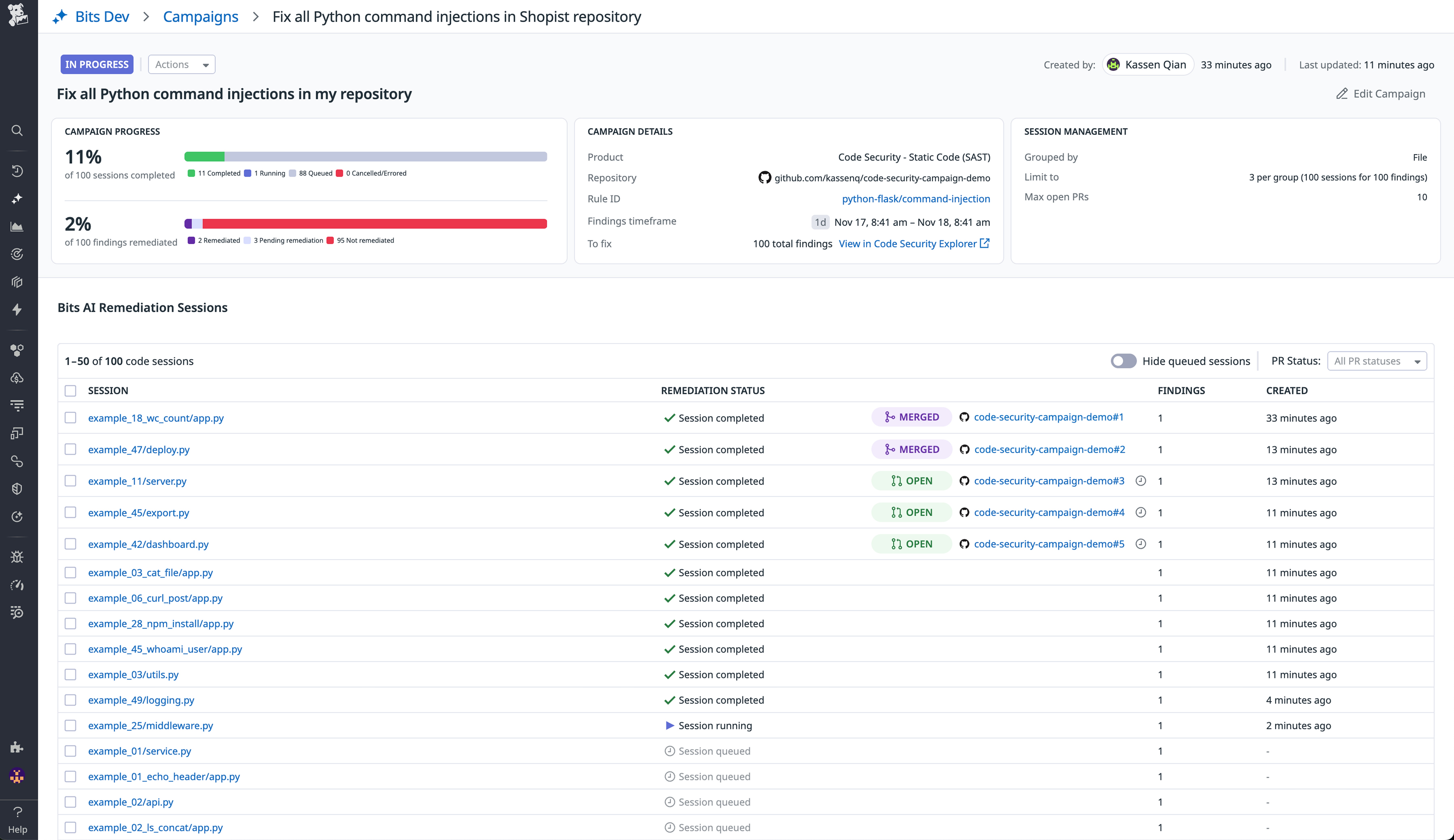 Screenshot of a remediation campaign that is in progress to fix Python command injections in a repository.