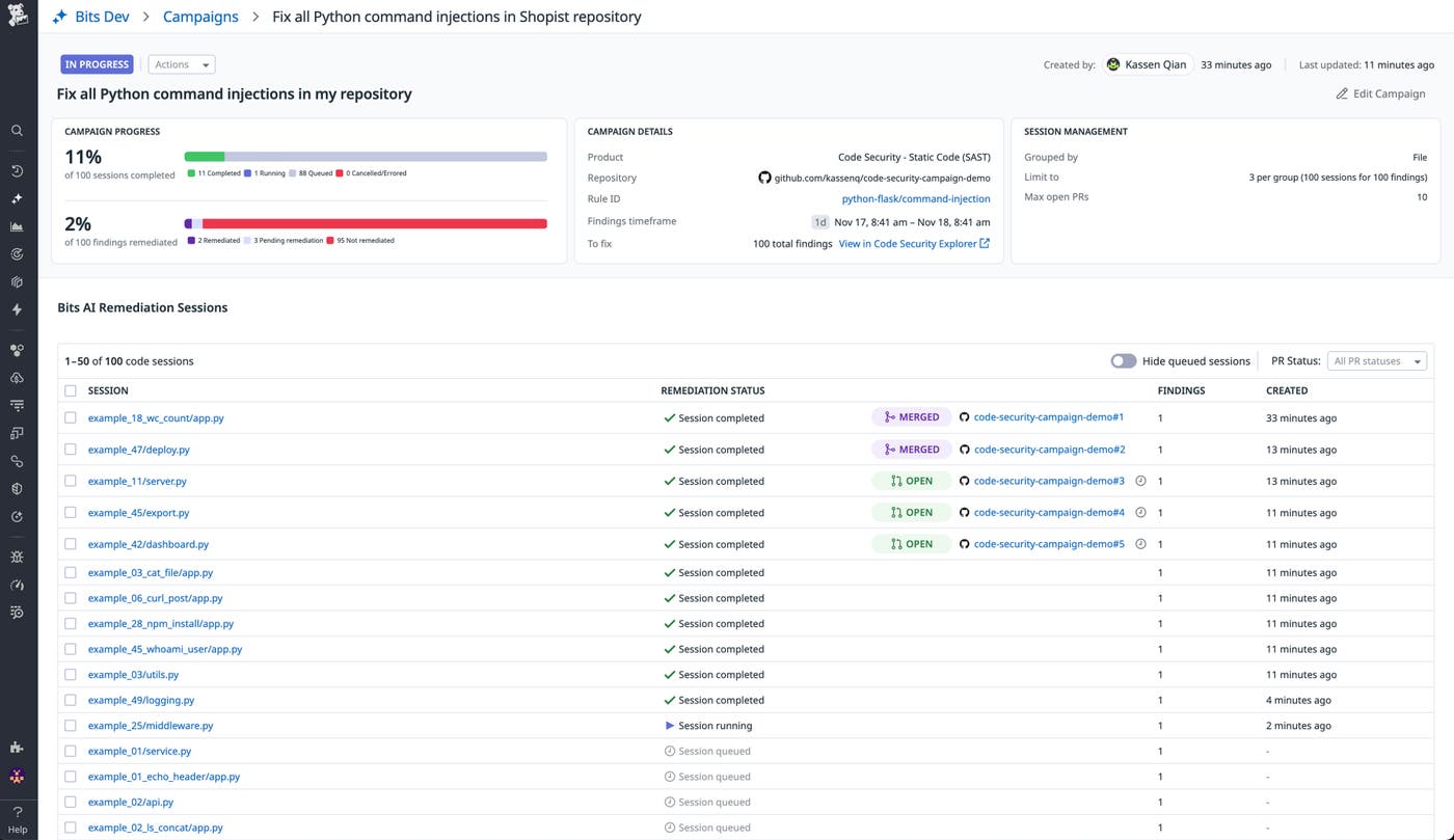 Screenshot of a remediation campaign that is in progress to fix Python command injections in a repository. Screenshot of a remediation campaign that is in progress to fix Python command injections in a repository.