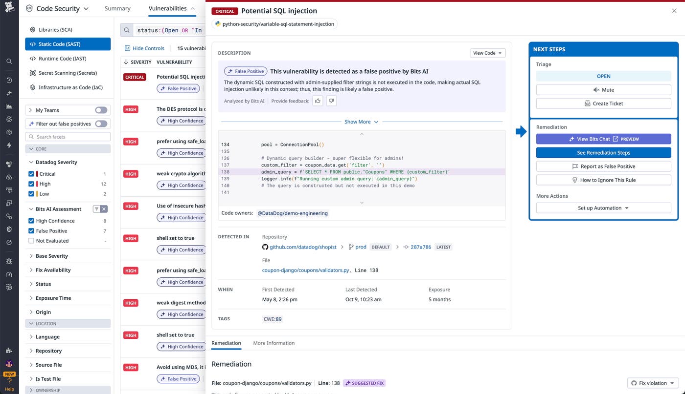 Screenshot of the Bits AI Assessment facet showing a likely False Positive result for a detected SQL injection vulnerability. Screenshot of the Bits AI Assessment facet showing a likely False Positive result for a detected SQL injection vulnerability.