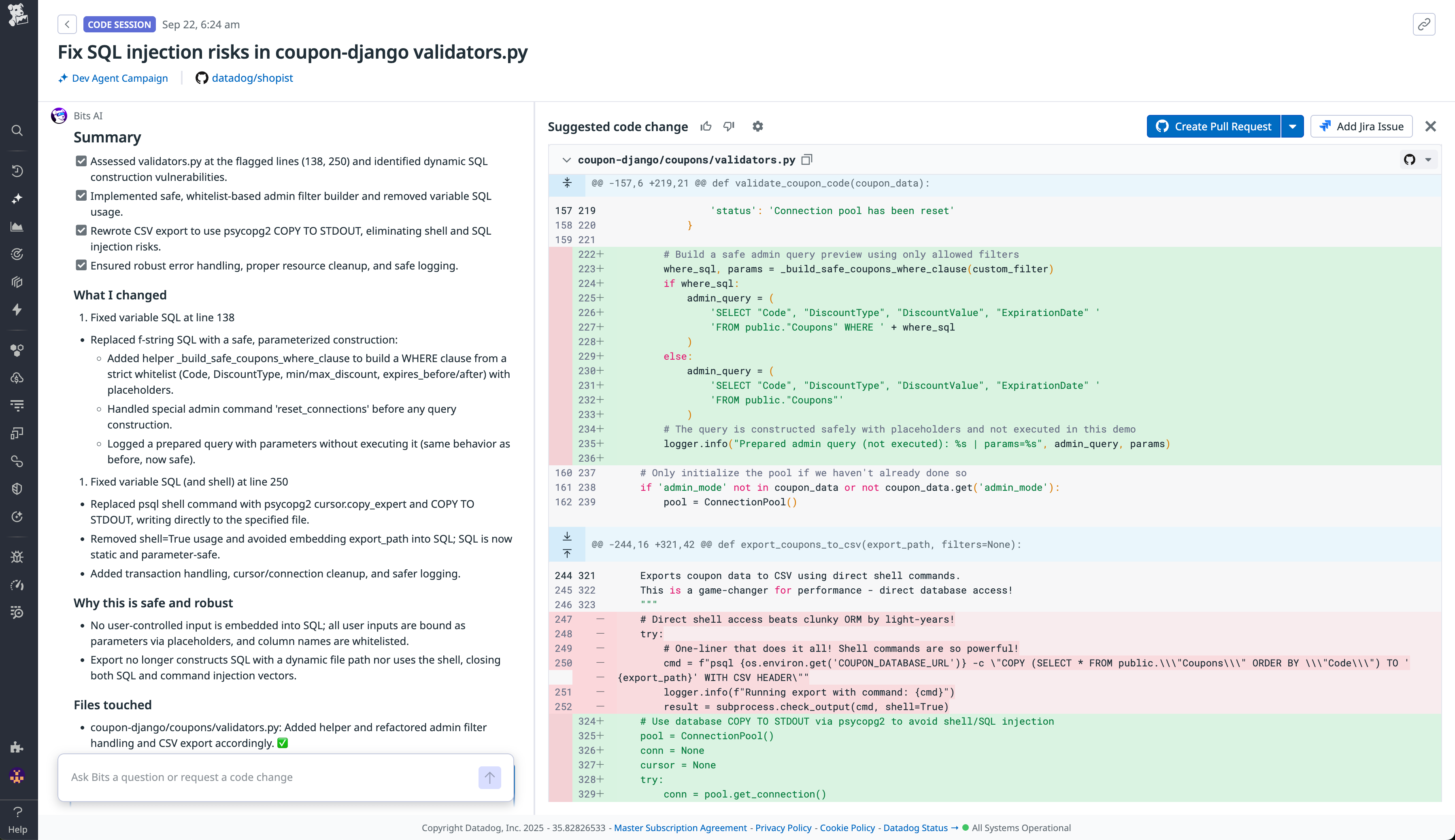 Screenshot of a Bits AI summary and suggested code change to eliminate SQL injection risks.
