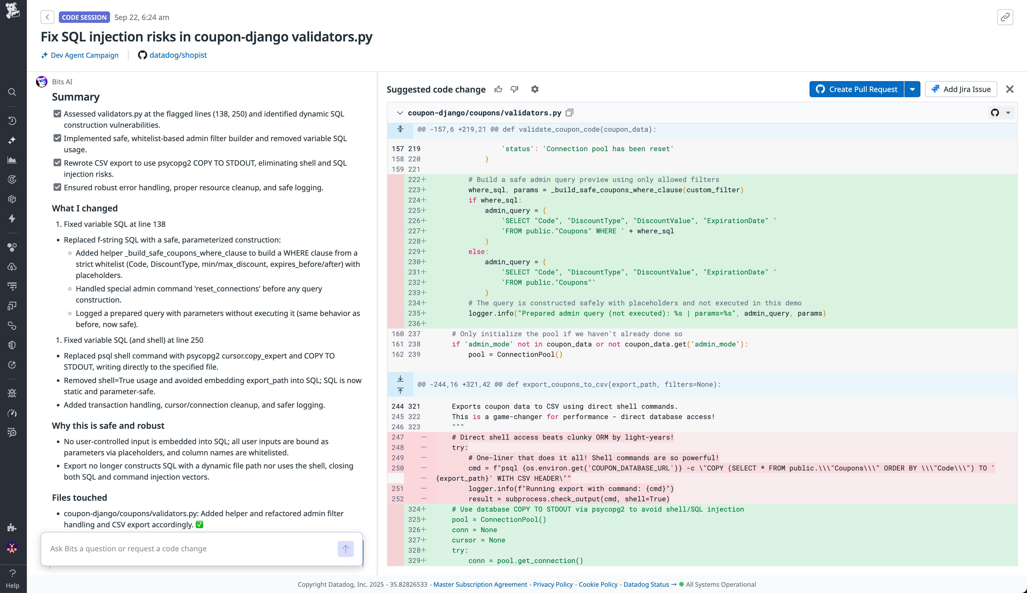 Screenshot of a Bits AI summary and suggested code change to eliminate SQL injection risks. Screenshot of a Bits AI summary and suggested code change to eliminate SQL injection risks.