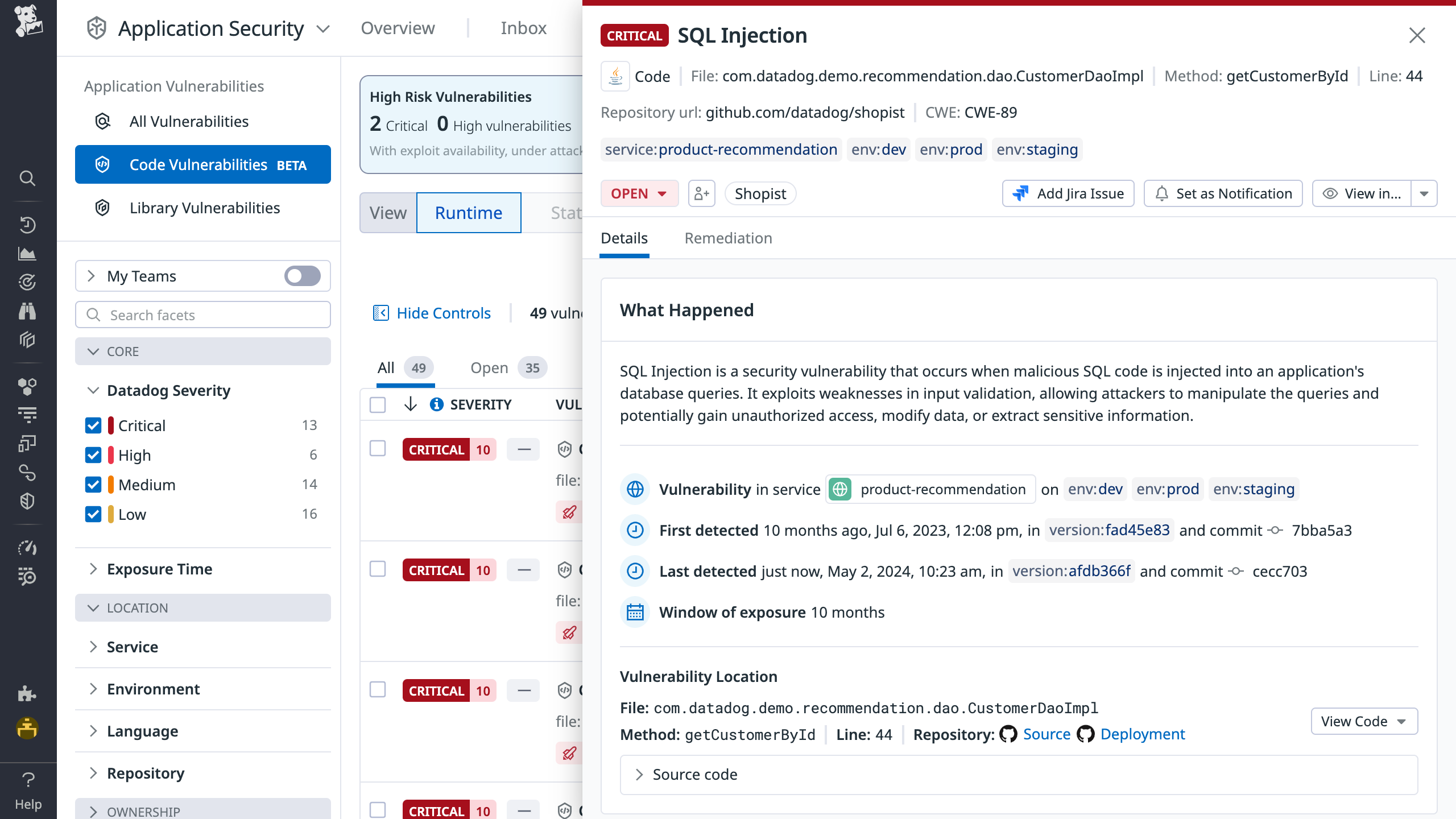 Vulnerability details for SQL injection