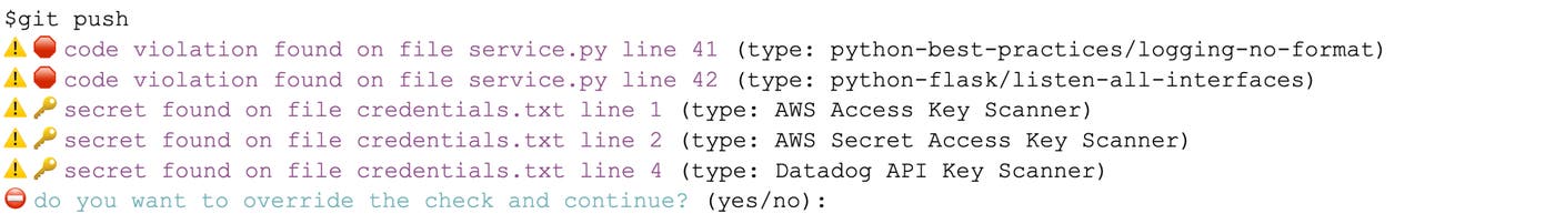 Example of a blocked commit in a CI pipeline due to detected secret exposure. Example of a blocked commit in a CI pipeline due to detected secret exposure.