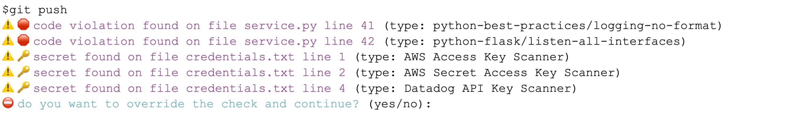 Example of a blocked commit in a CI pipeline due to detected secret exposure. Example of a blocked commit in a CI pipeline due to detected secret exposure.