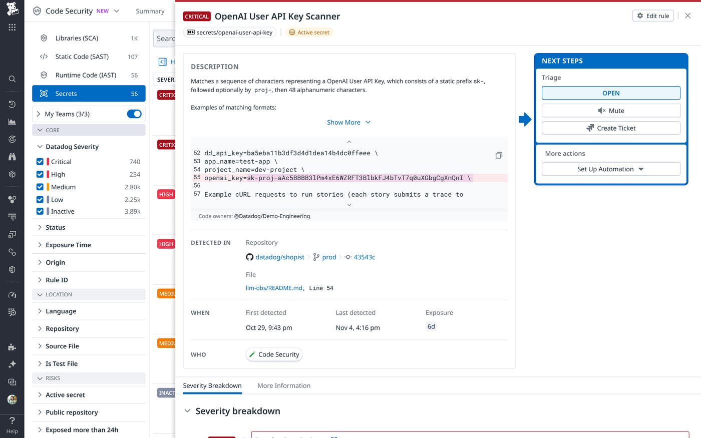 Screenshot of a critical finding from Datadog Code Security. The finding shows a sequence of characters that represent an OpenAI user API key. Screenshot of a critical finding from Datadog Code Security. The finding shows a sequence of characters that represent an OpenAI user API key.