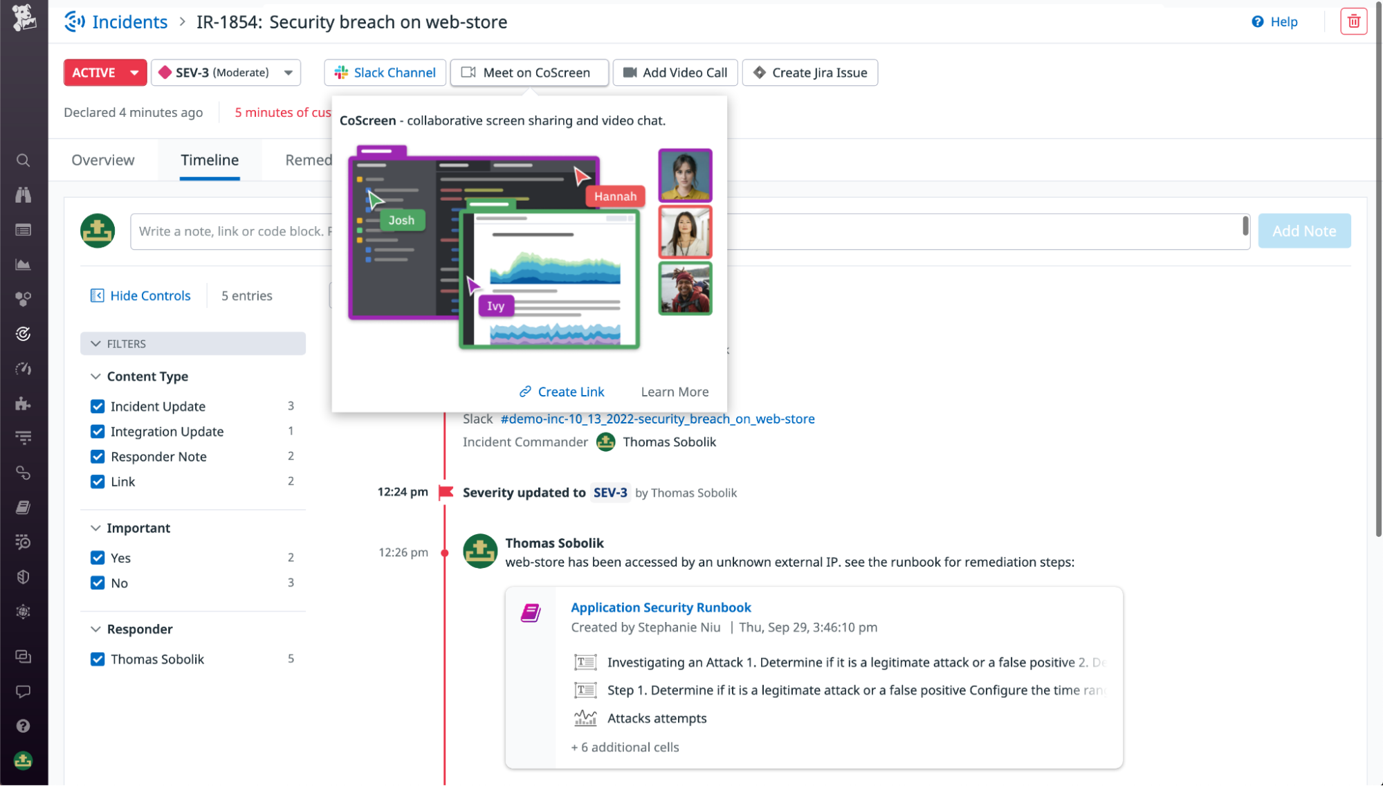 Pivot directly from a Datadog incident to a new CoScreen meeting