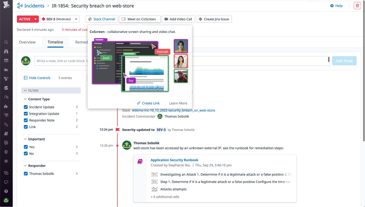 Pivot directly from a Datadog incident to a new CoScreen meeting Pivot directly from a Datadog incident to a new CoScreen meeting