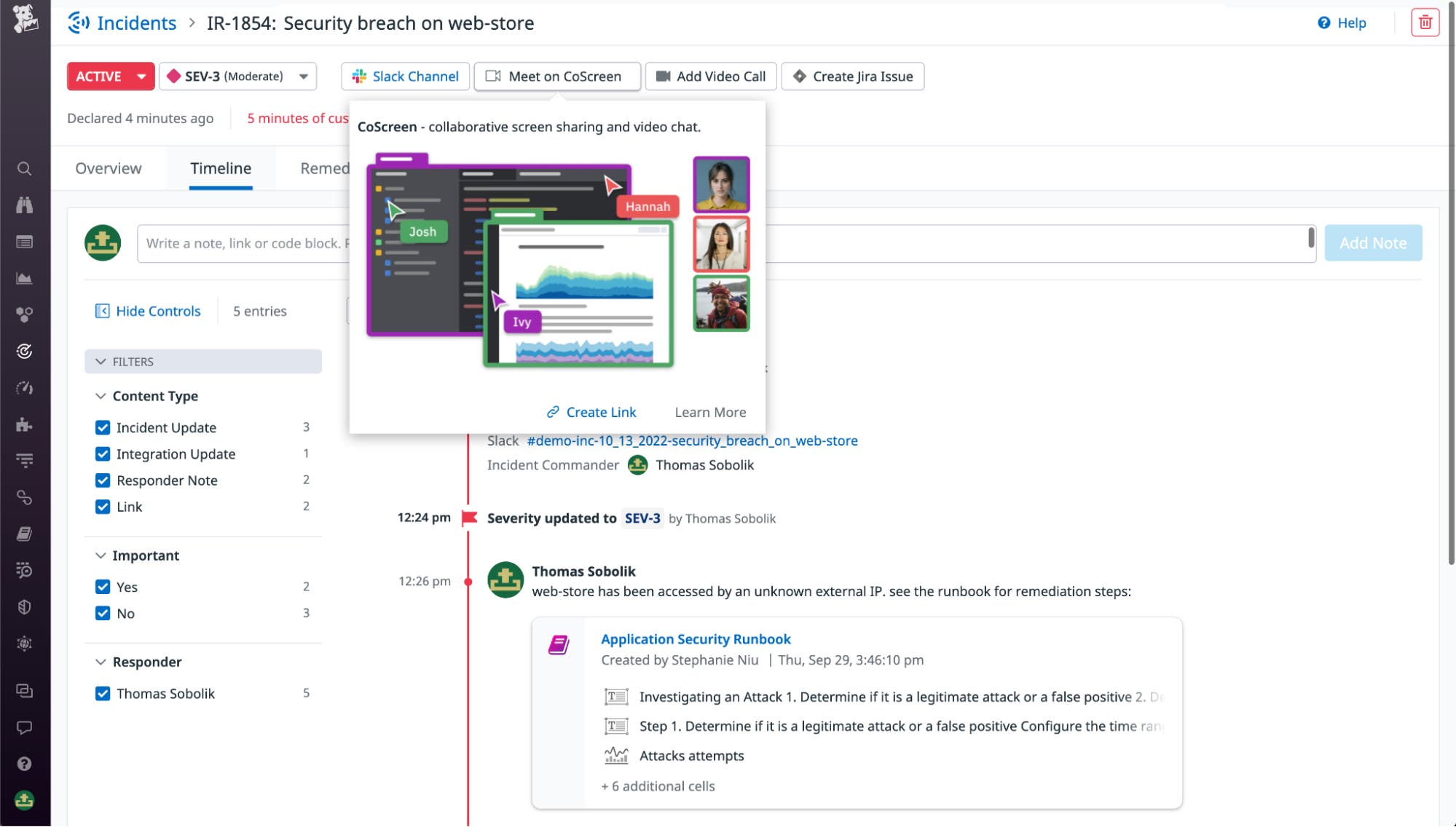 Pivot directly from a Datadog incident to a new CoScreen meeting Pivot directly from a Datadog incident to a new CoScreen meeting