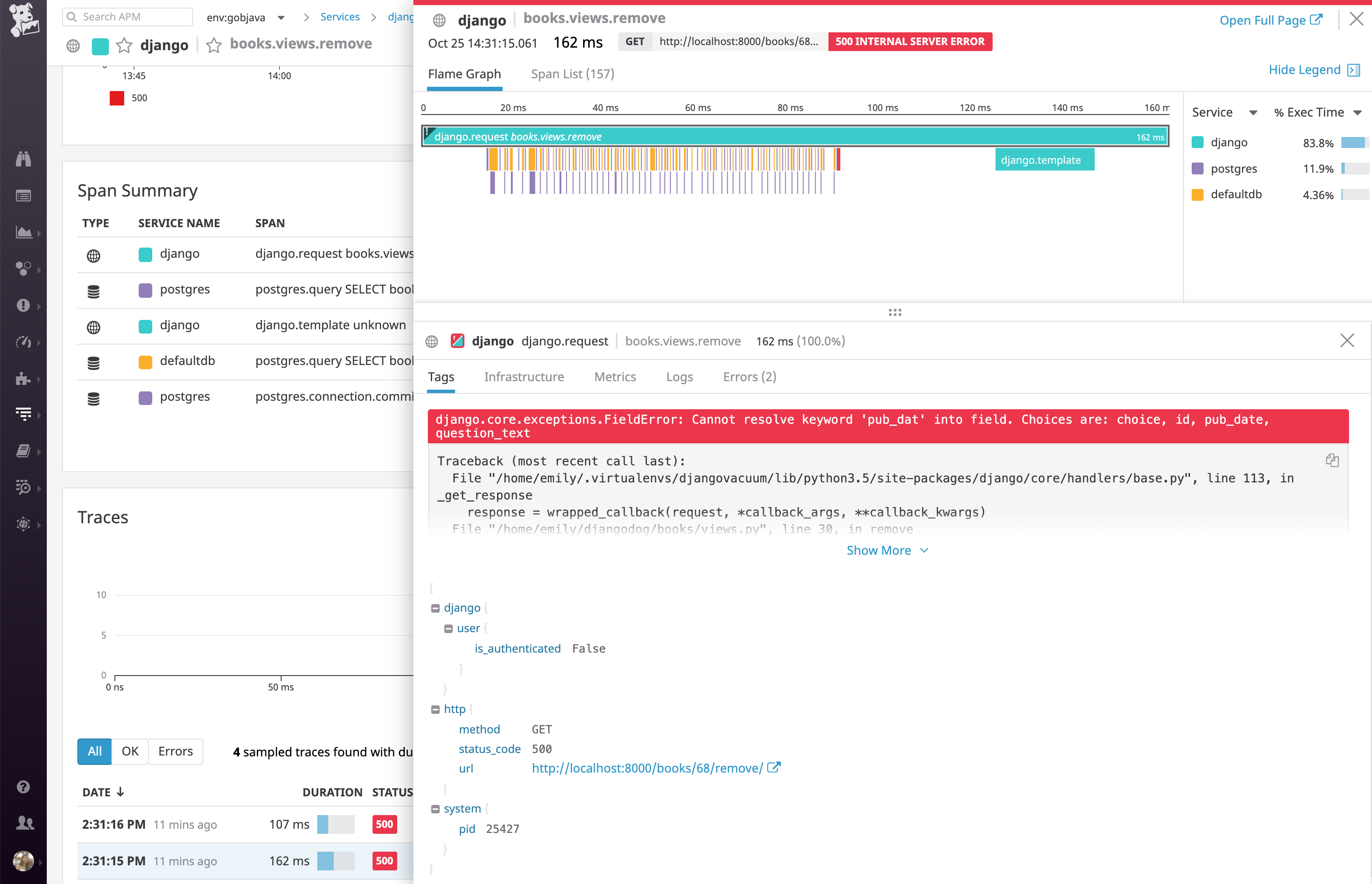 Monitor PostgreSQL data with Datadog: flame graph of a Django web app request with error