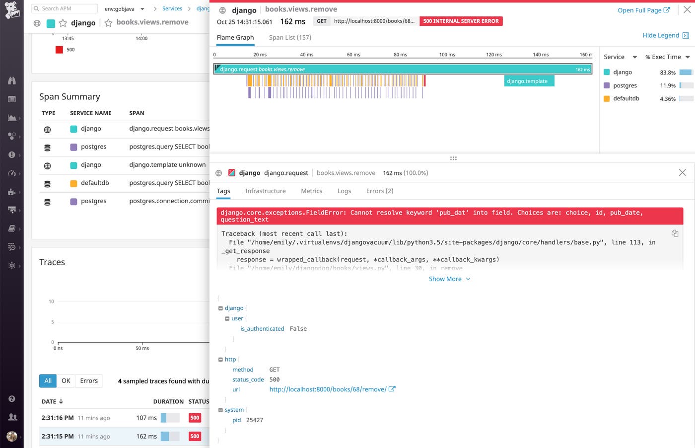 Monitor PostgreSQL data with Datadog: flame graph of a Django web app request with error Monitor PostgreSQL data with Datadog: flame graph of a Django web app request with error