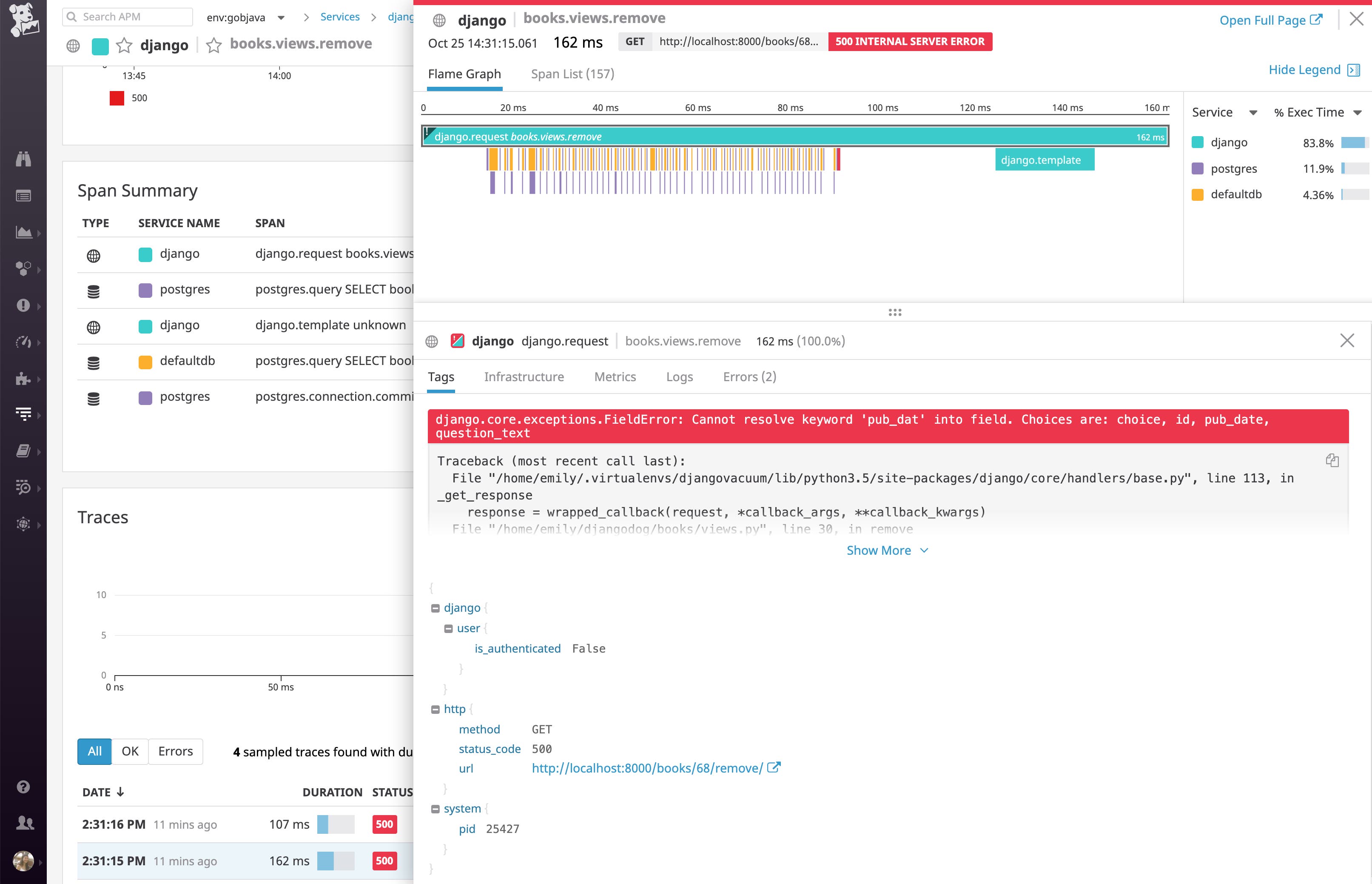Monitor PostgreSQL data with Datadog: flame graph of a Django web app request with error Monitor PostgreSQL data with Datadog: flame graph of a Django web app request with error
