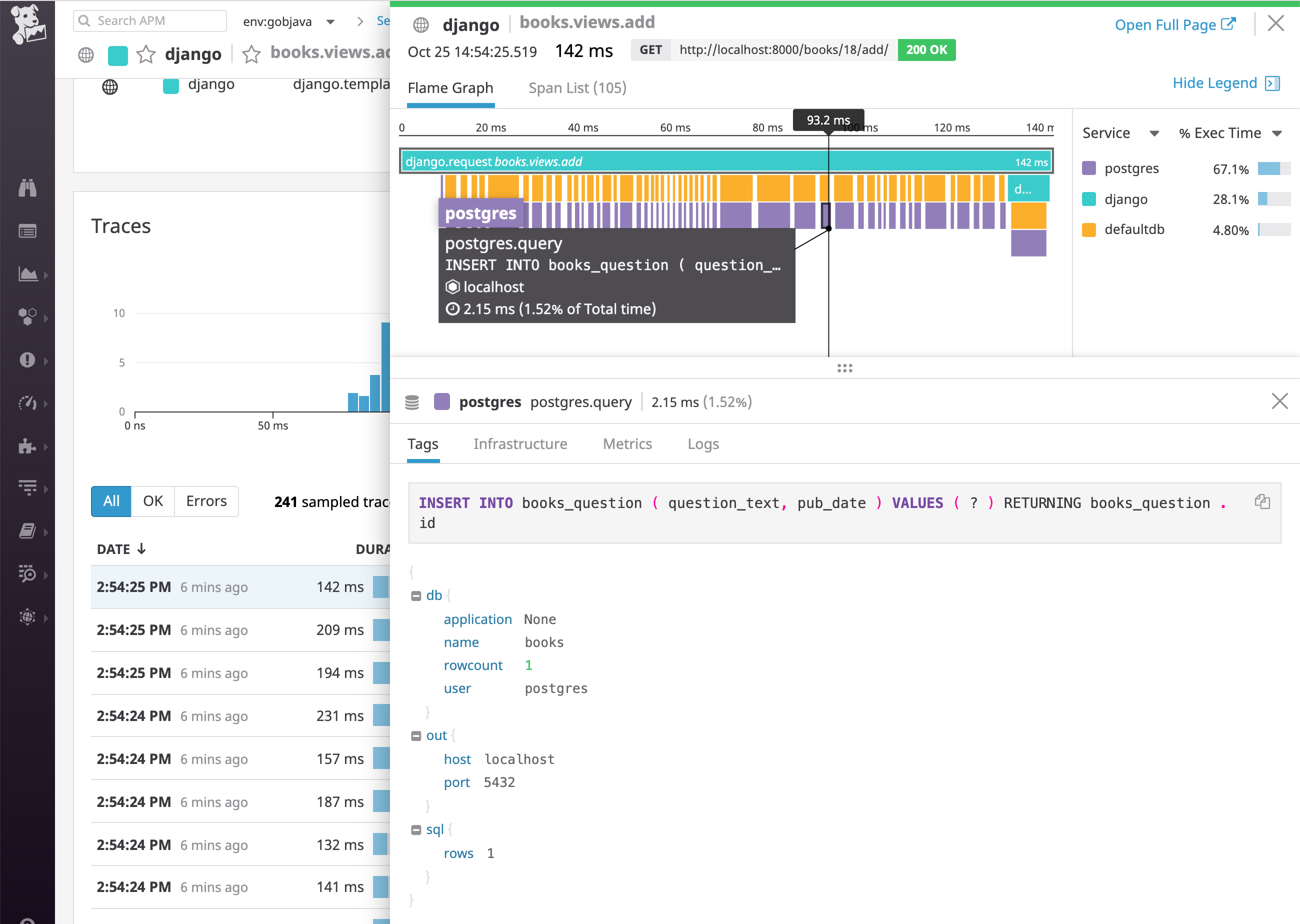 inspecting postgresql data in a flame graph of a Django web app request containing many PostgreSQL queries