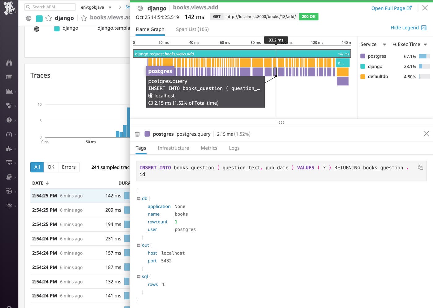 inspecting postgresql data in a flame graph of a Django web app request containing many PostgreSQL queries inspecting postgresql data in a flame graph of a Django web app request containing many PostgreSQL queries