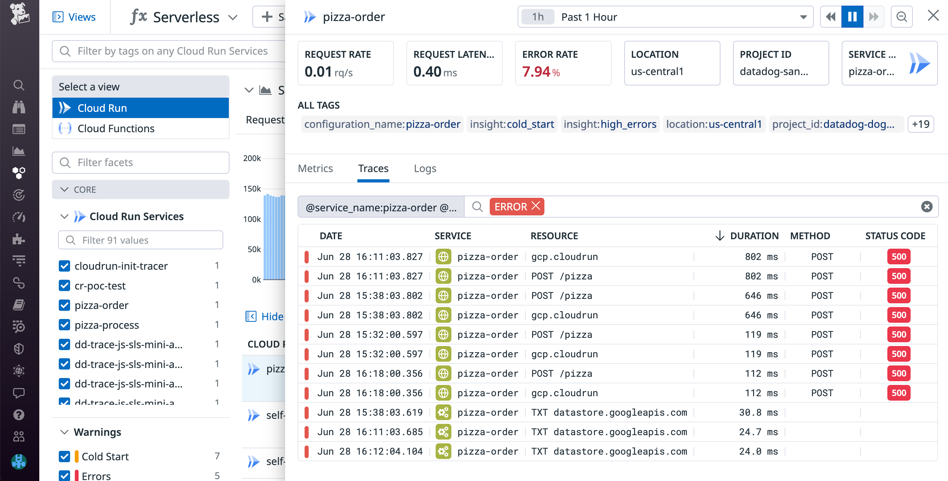 Explore errorful traces by inspecting a service.