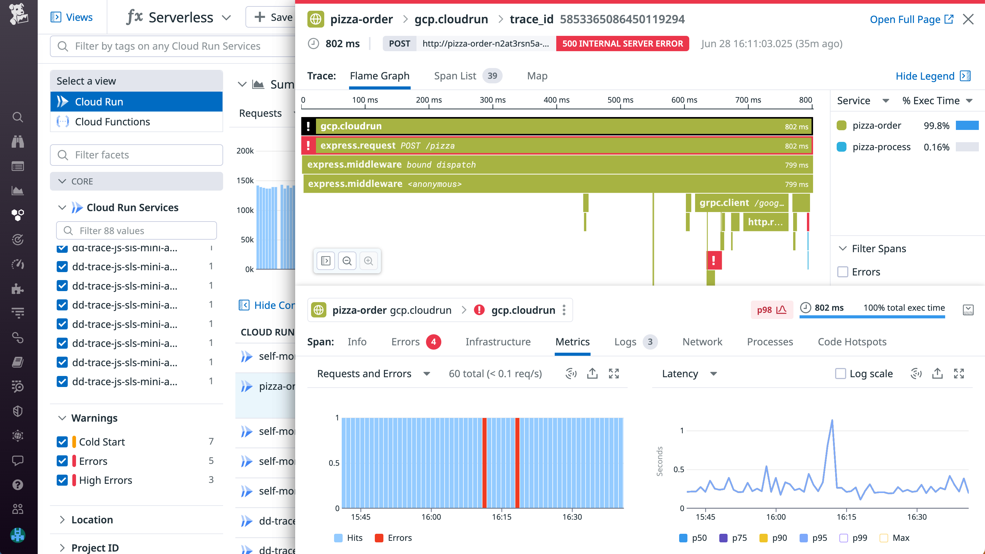 Observe latency spikes by inspecting your traces.