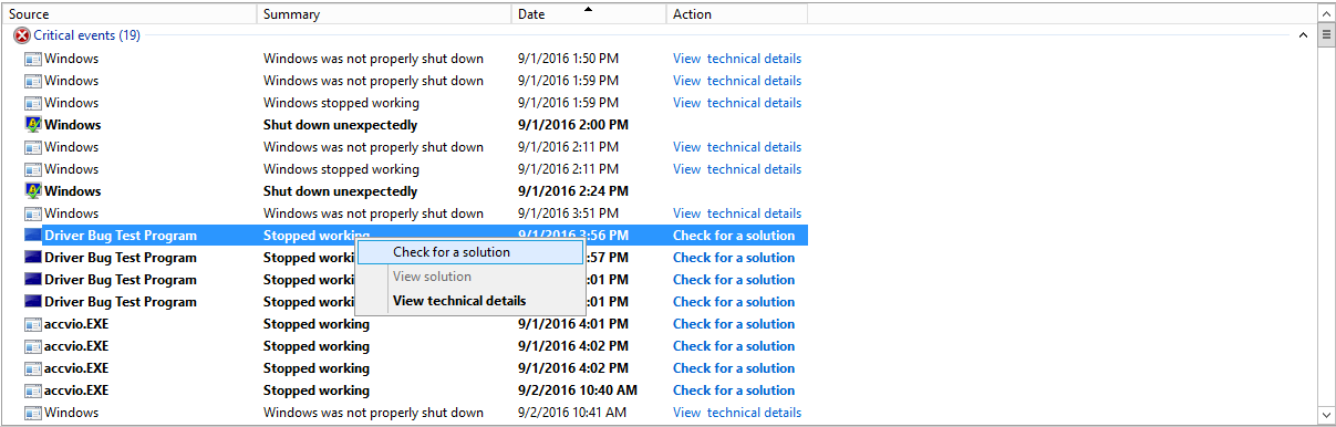 Check for a solution with Windows reliability monitor