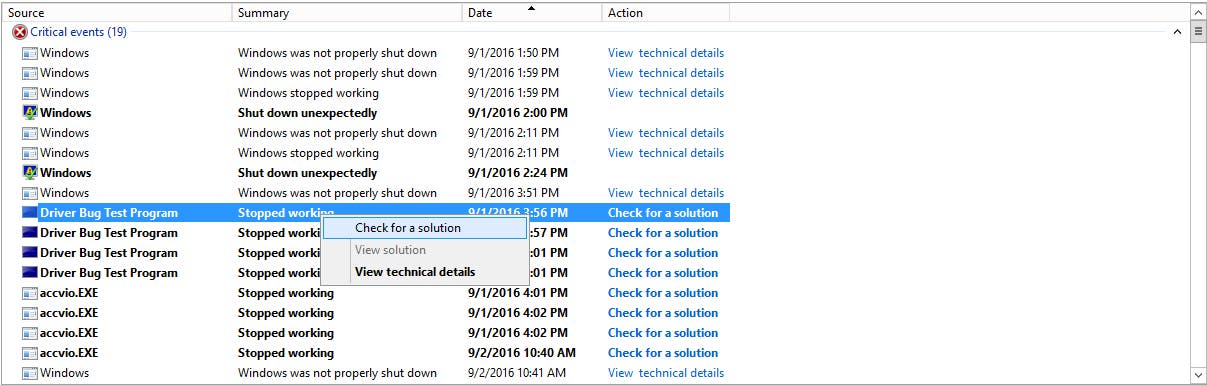 Check for a solution with Windows reliability monitor Check for a solution with Windows reliability monitor