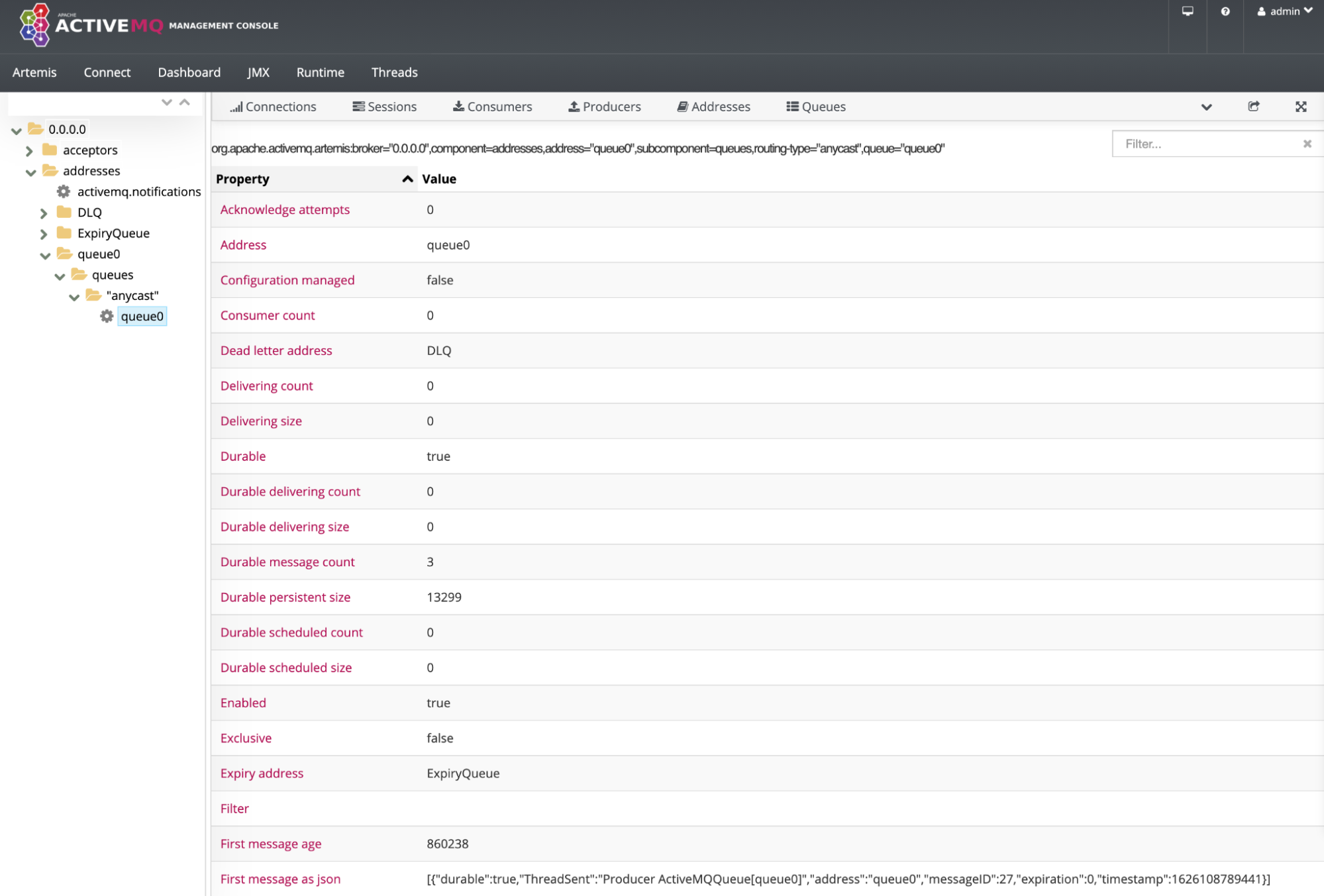 The ActiveMQ Artemis Web Console shows queue metrics including consumer count, message count, and queue size, plus configuration details about the queue.